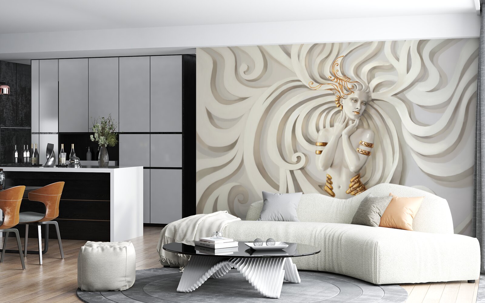 Fototapet imagine a unei femei cu elemente aurii și modele abstracte