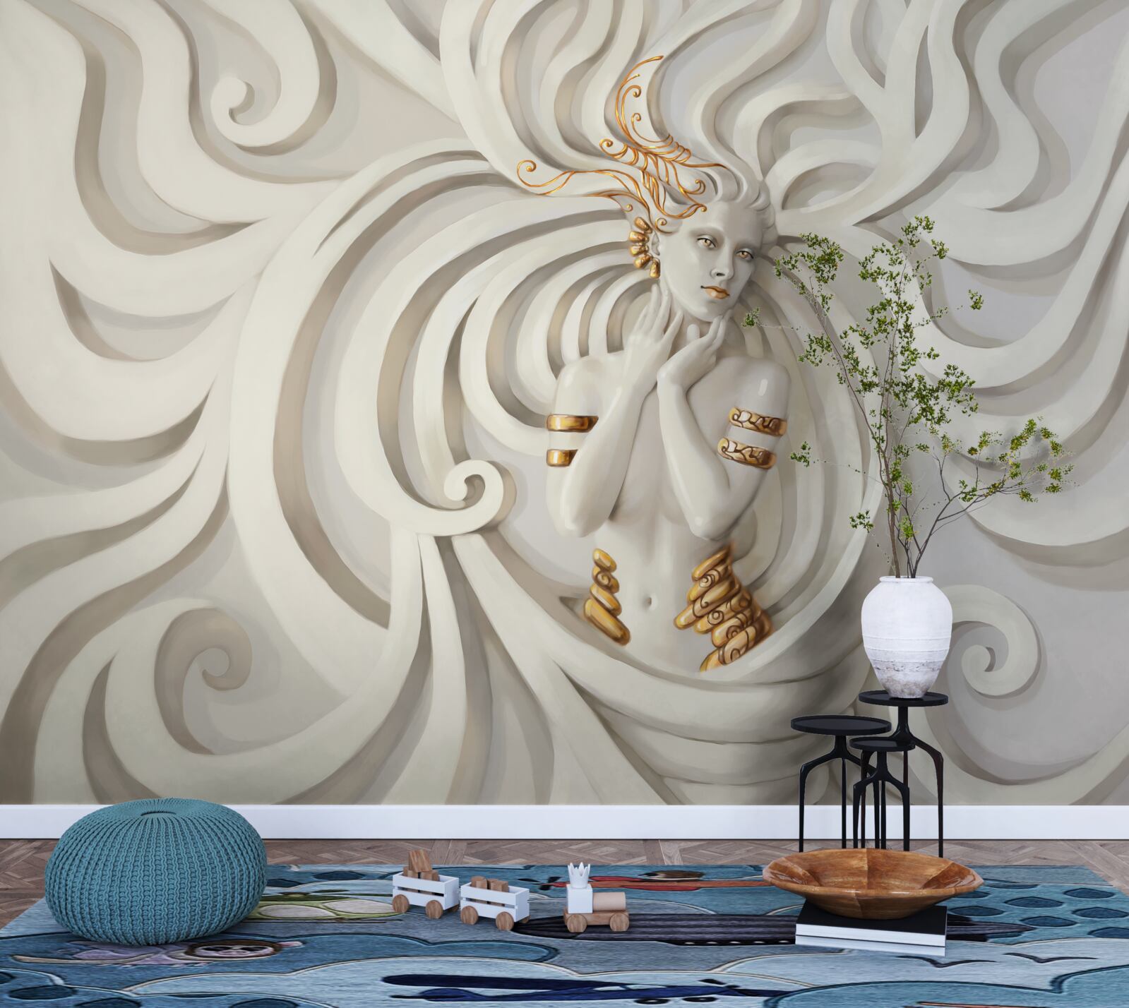 Fototapet imagine a unei femei cu elemente aurii și modele abstracte