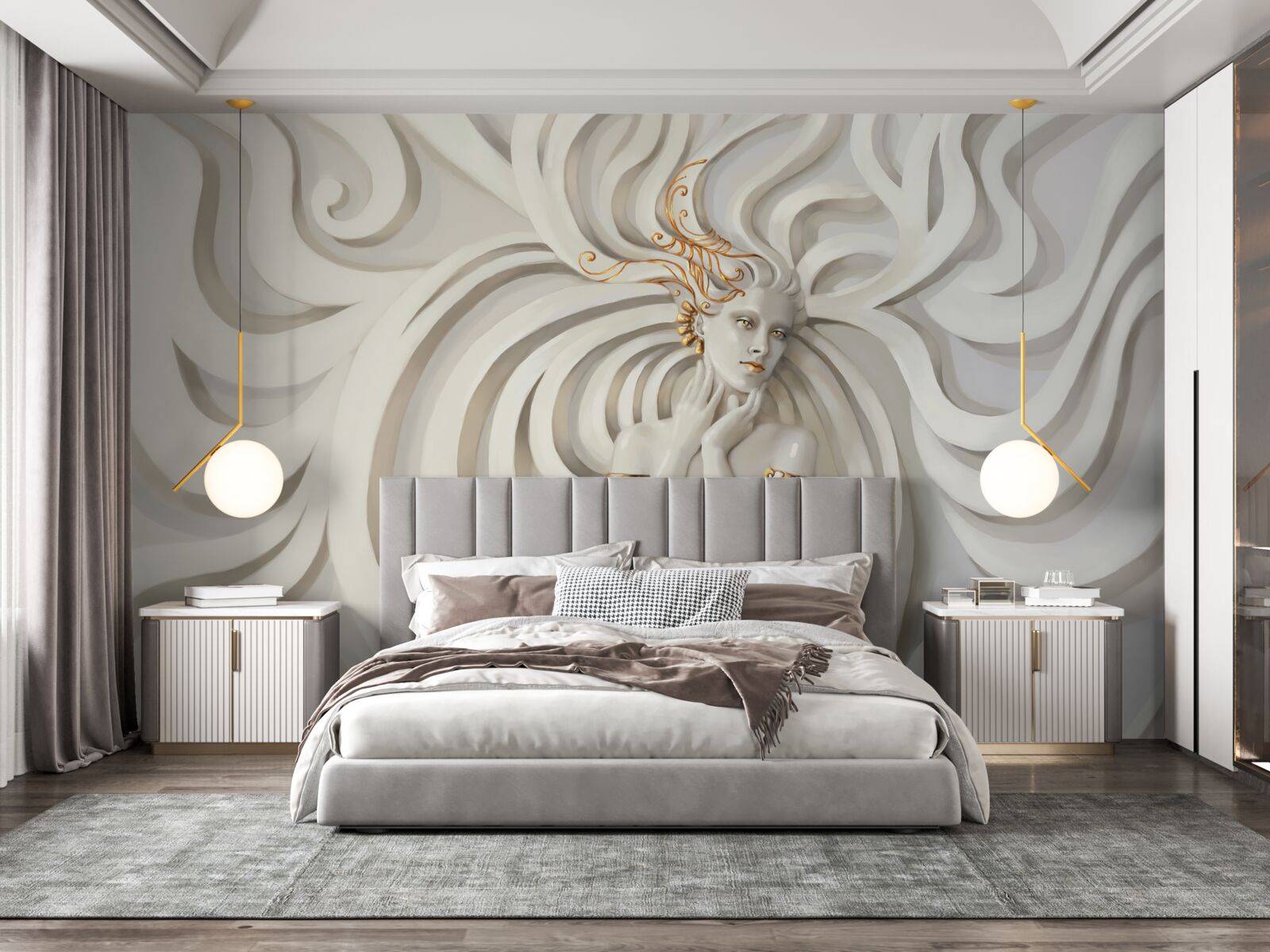 Fototapet imagine a unei femei cu elemente aurii și modele abstracte