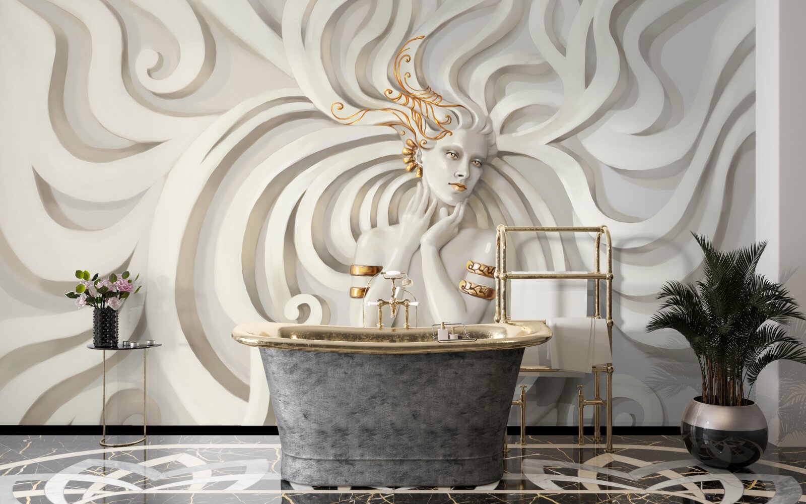 Fototapet imagine a unei femei cu elemente aurii și modele abstracte