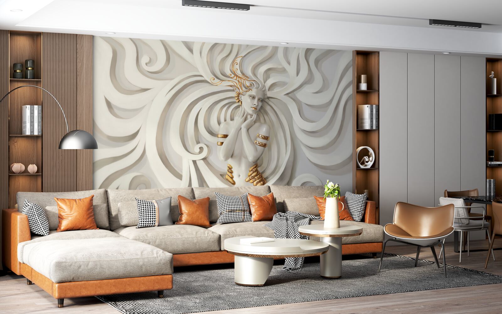 Fototapet imagine a unei femei cu elemente aurii și modele abstracte