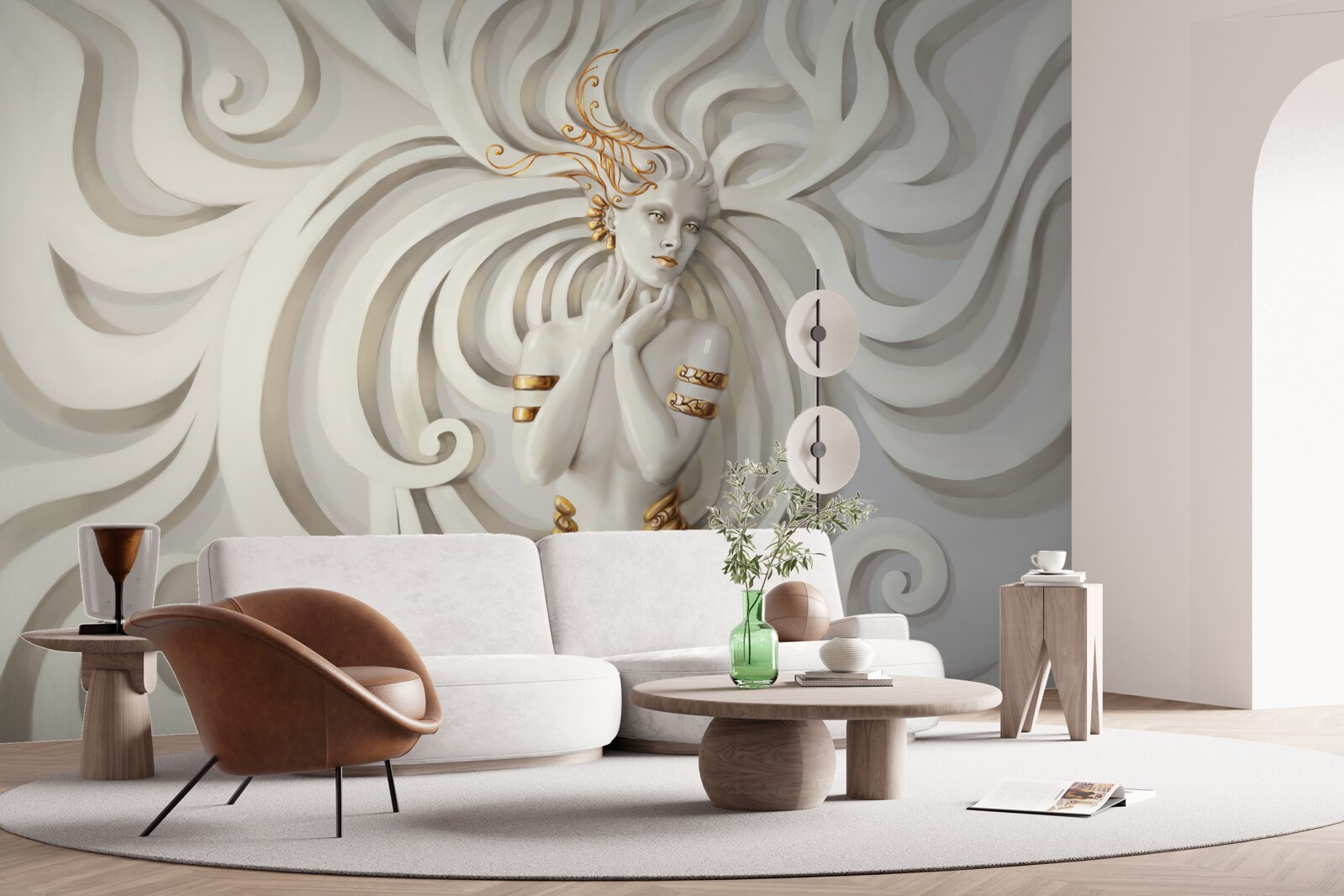 Fototapet imagine a unei femei cu elemente aurii și modele abstracte