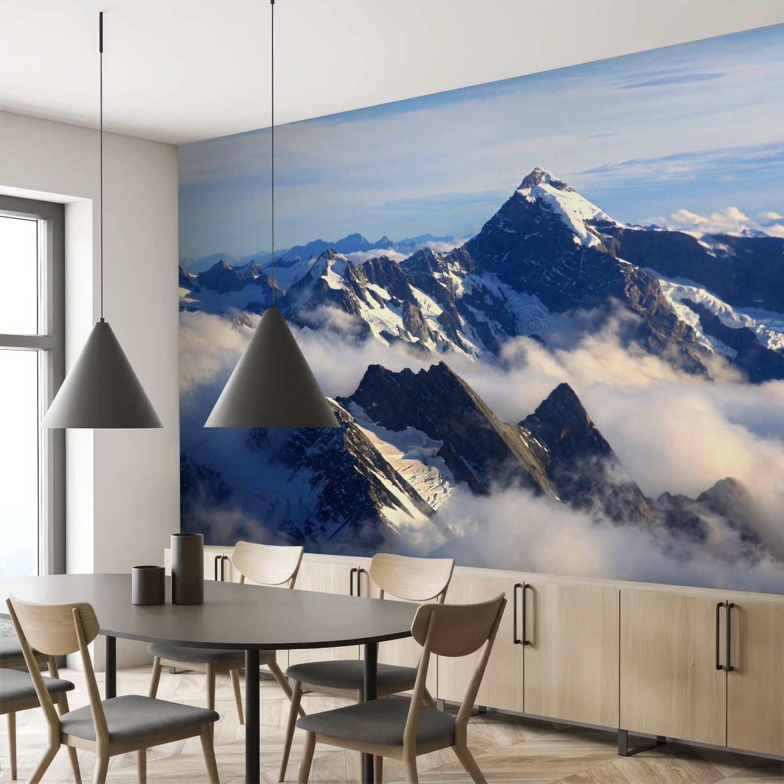 Fototapet ceața rece se întinde sus în munți