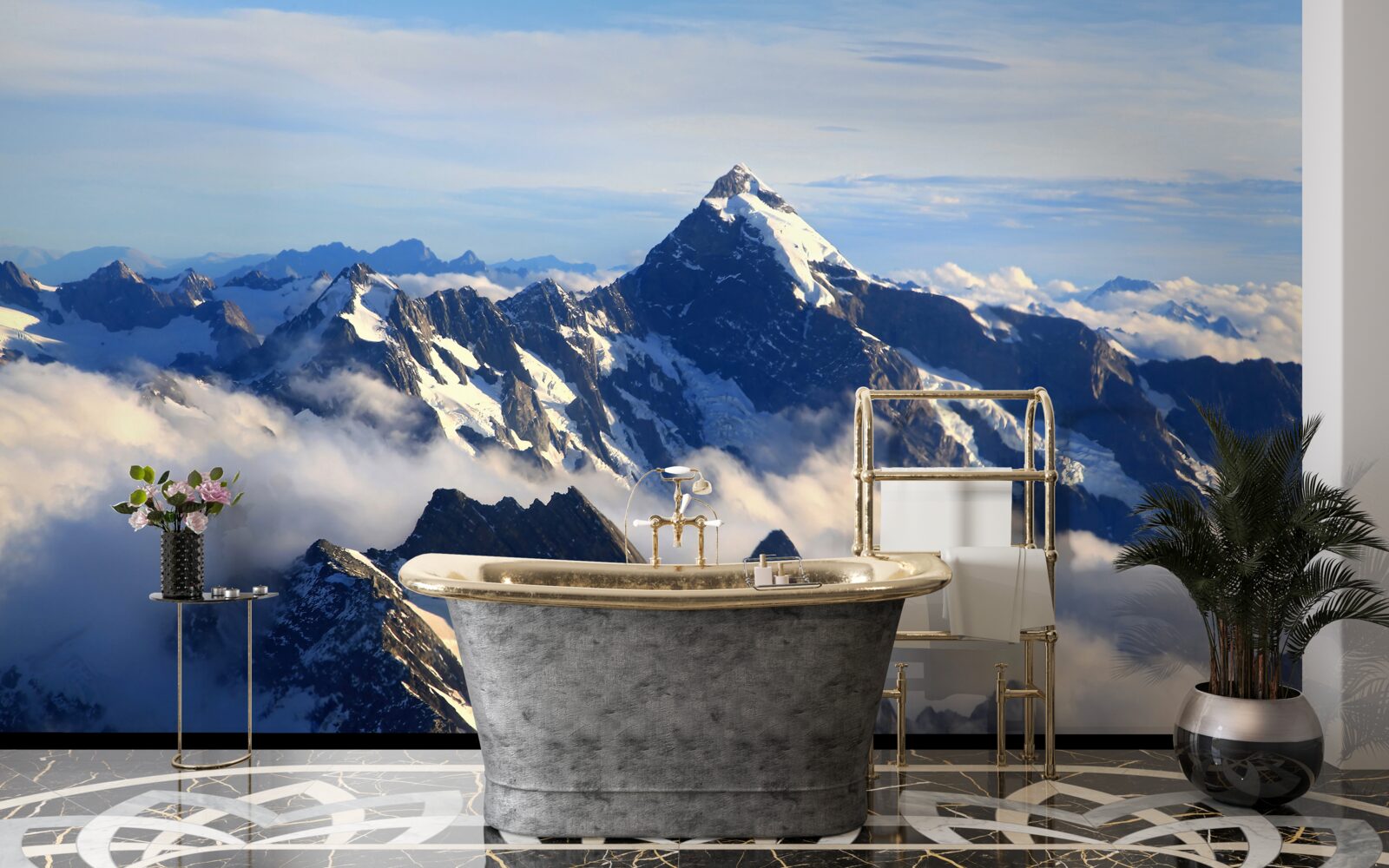 Fototapet ceața rece se întinde sus în munți