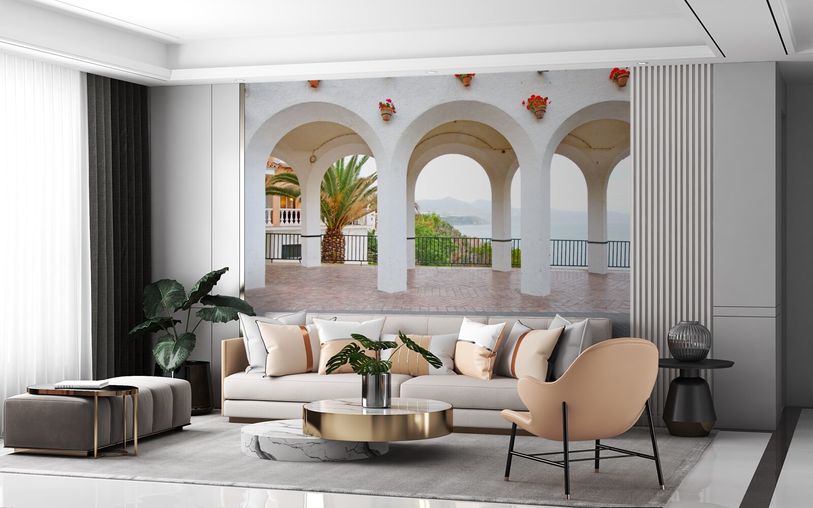 Fototapet arcuri netede, rotunjite, albe ca zăpada, deasupra râului