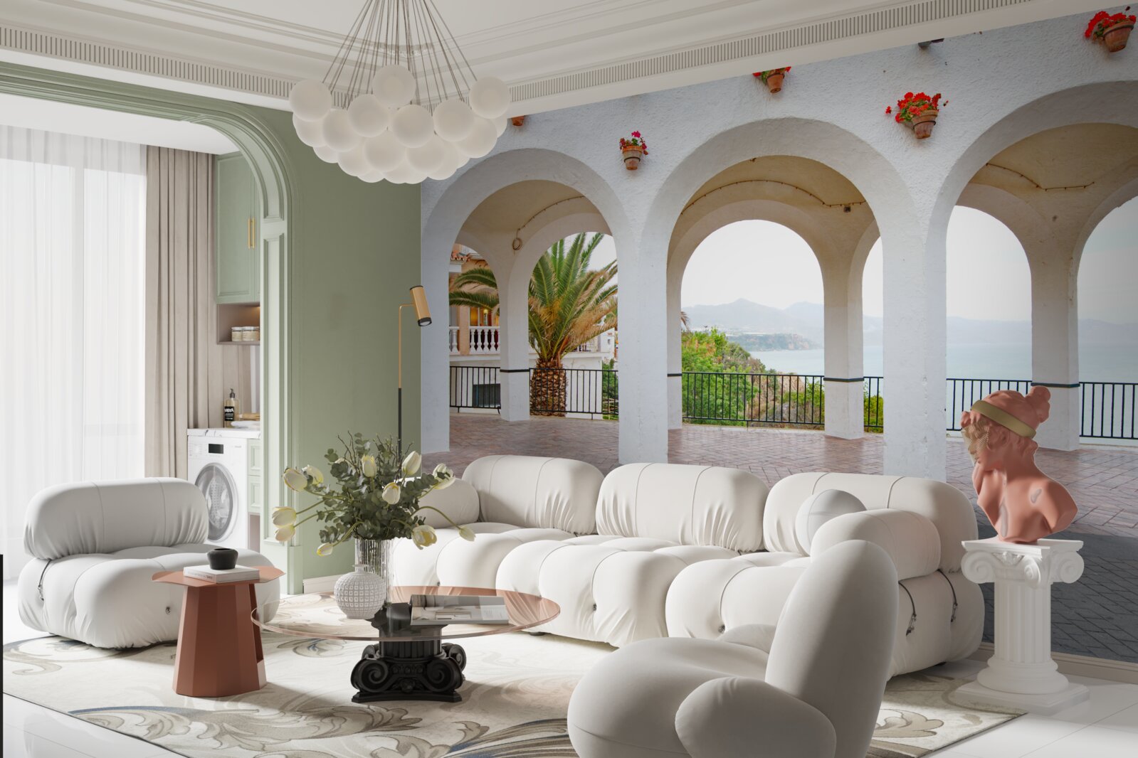 Fototapet arcuri netede, rotunjite, albe ca zăpada, deasupra râului