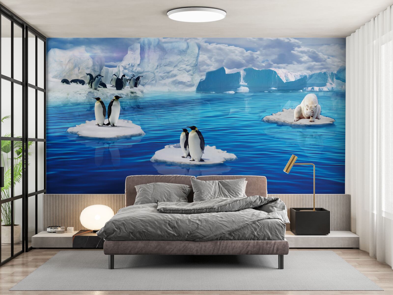 Fototapet familii de pinguini pe platforme de gheață