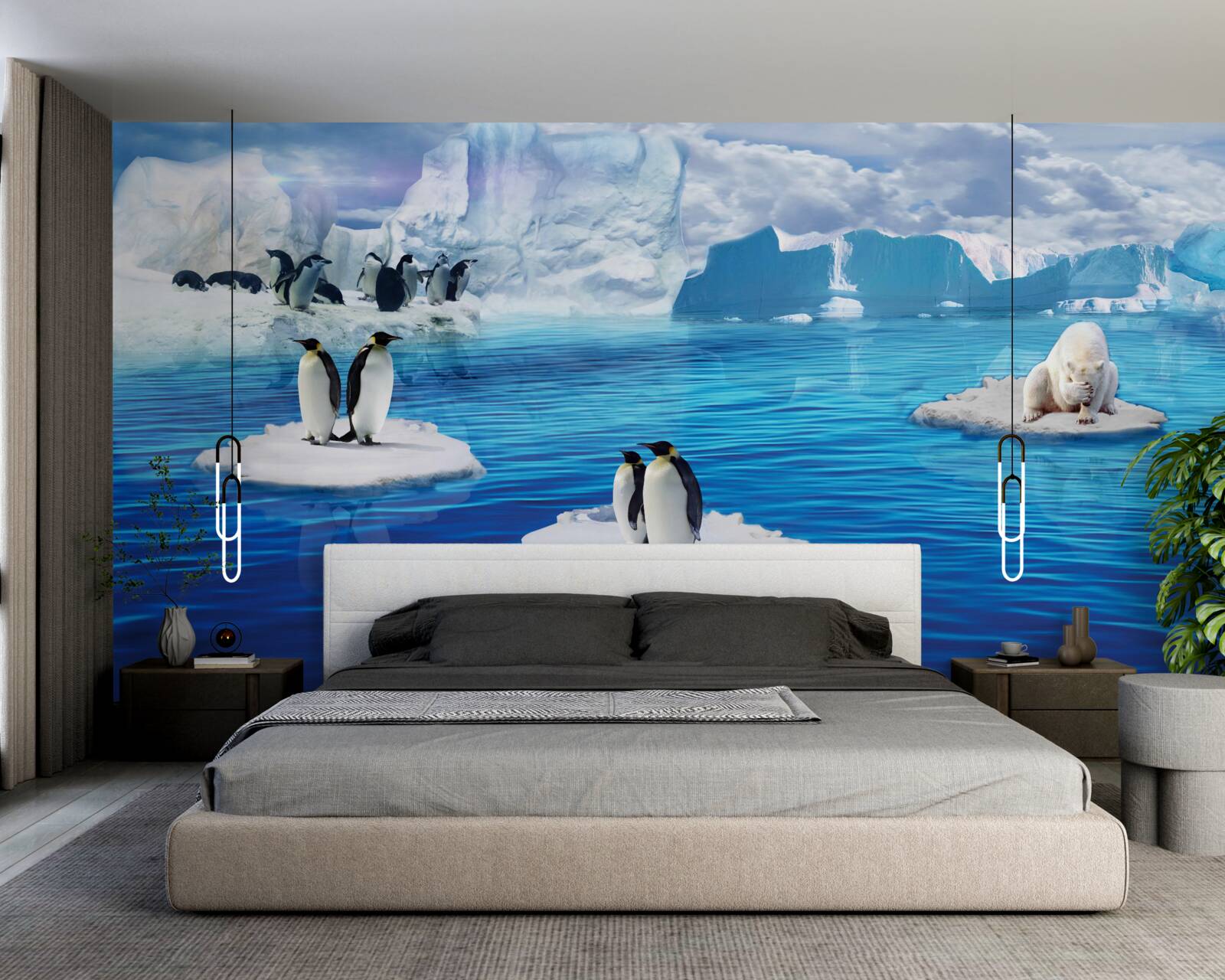 Fototapet familii de pinguini pe platforme de gheață