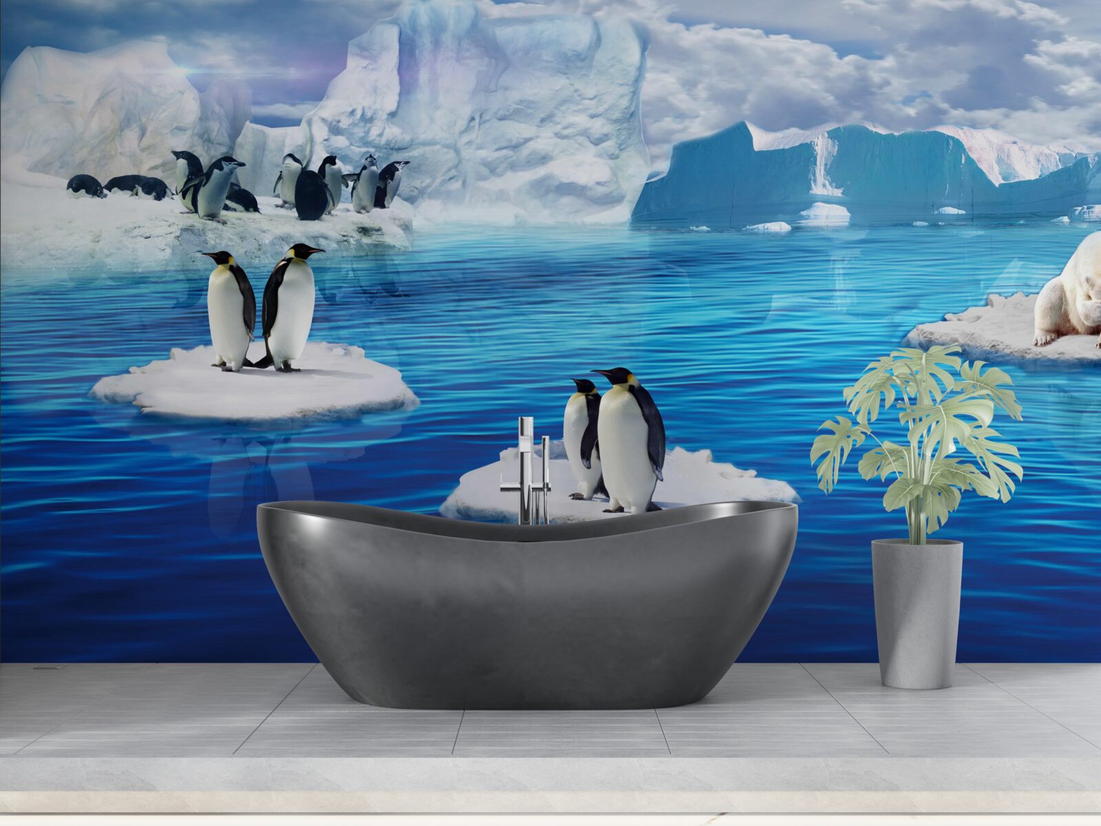 Fototapet familii de pinguini pe platforme de gheață