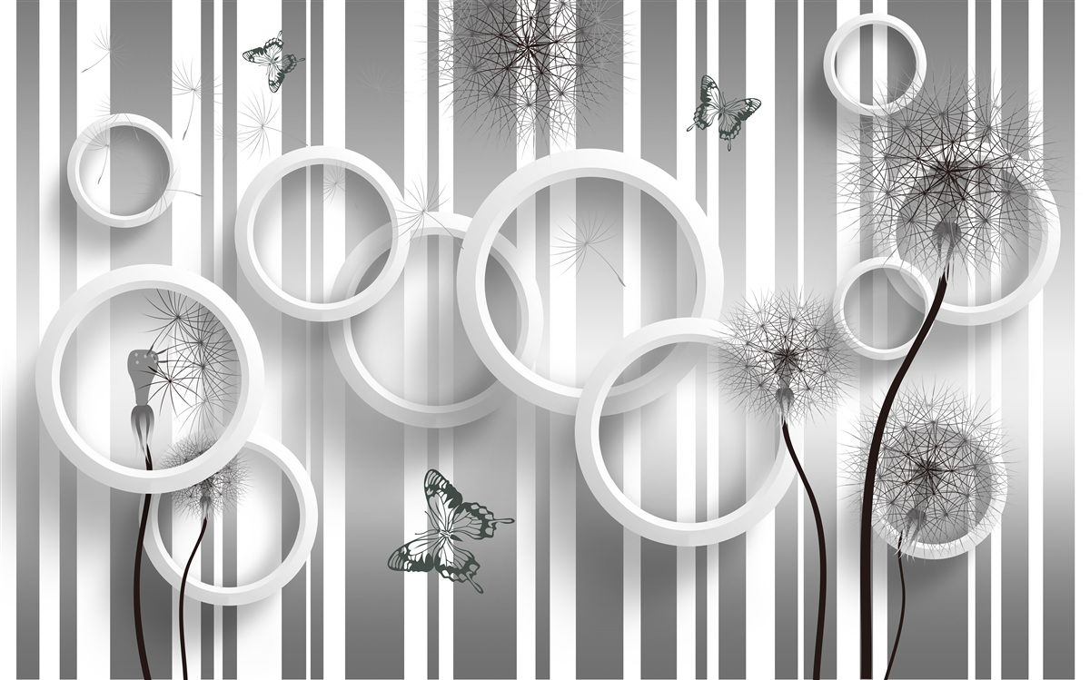 Fototapet abstracție de cercuri albe cu păpădii