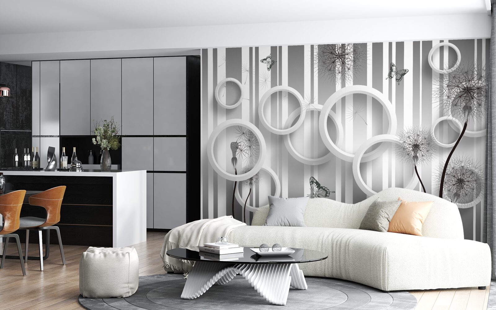 Fototapet abstracție de cercuri albe cu păpădii