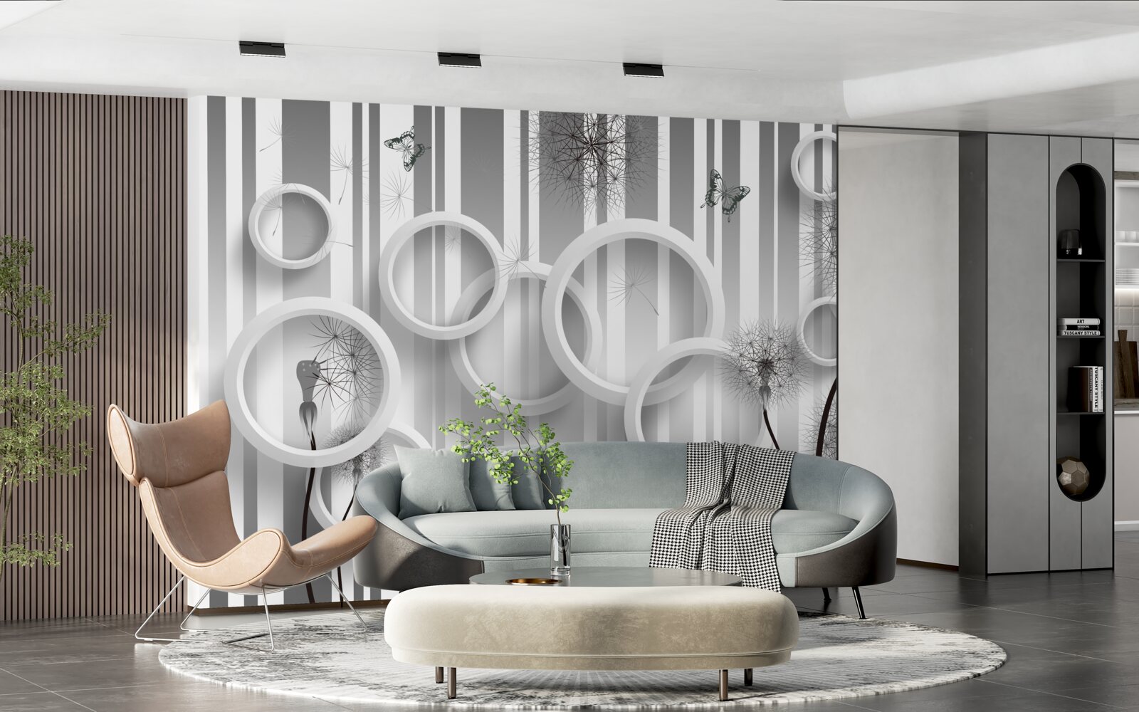 Fototapet abstracție de cercuri albe cu păpădii