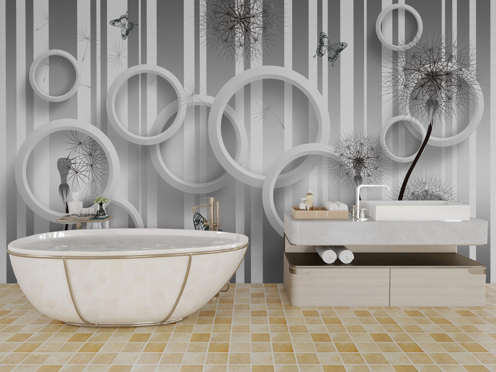 Fototapet abstracție de cercuri albe cu păpădii