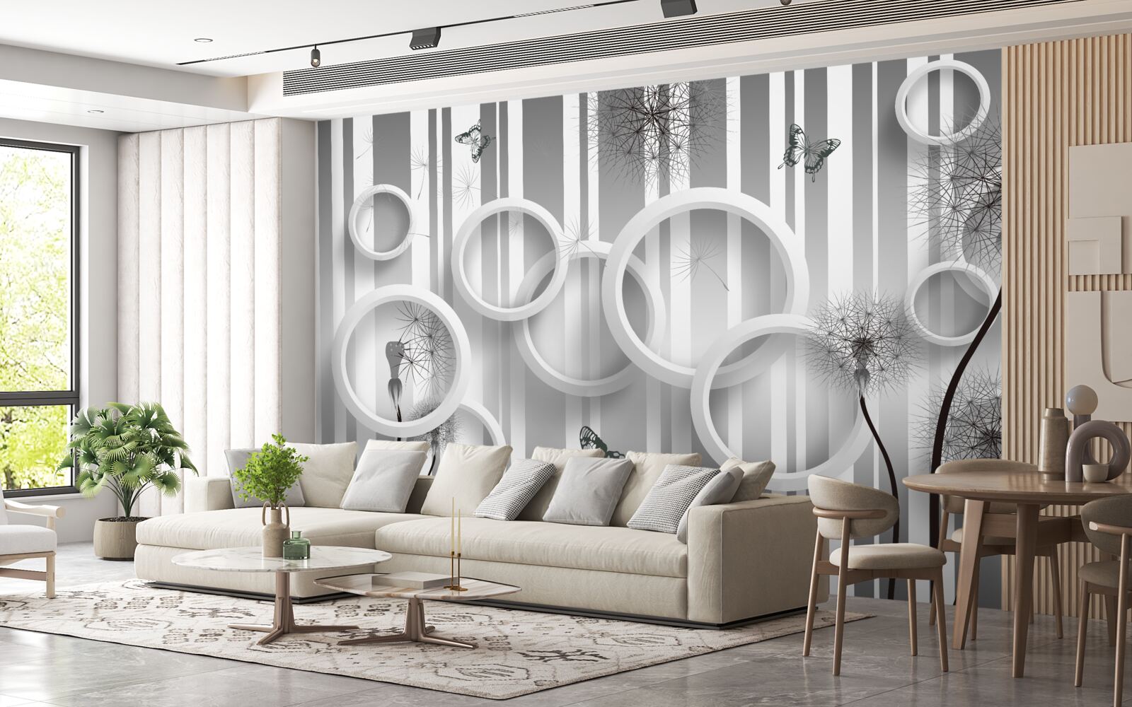 Fototapet abstracție de cercuri albe cu păpădii