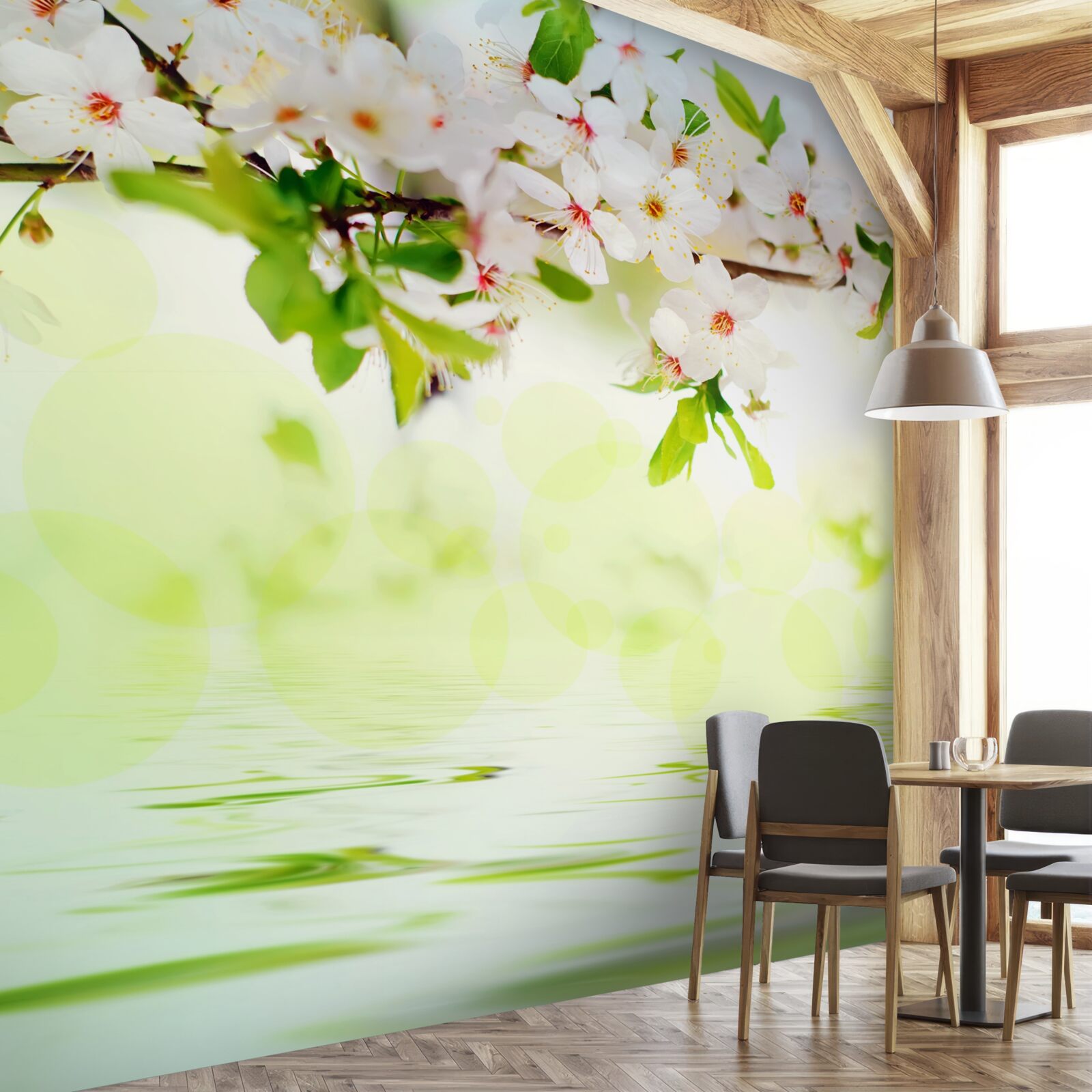 Fototapet florile de sakura sunt albe peste apa caldă de vară