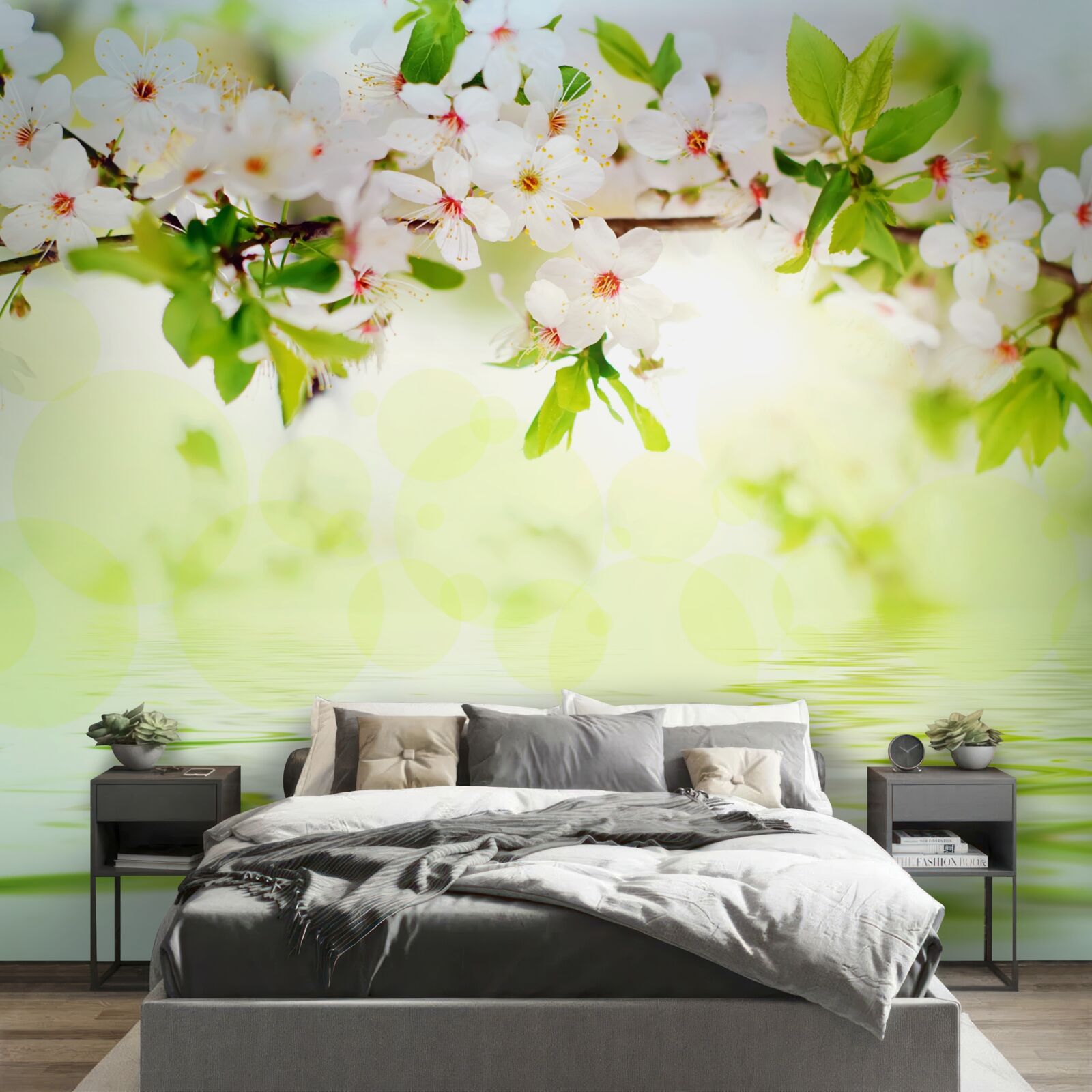 Fototapet florile de sakura sunt albe peste apa caldă de vară