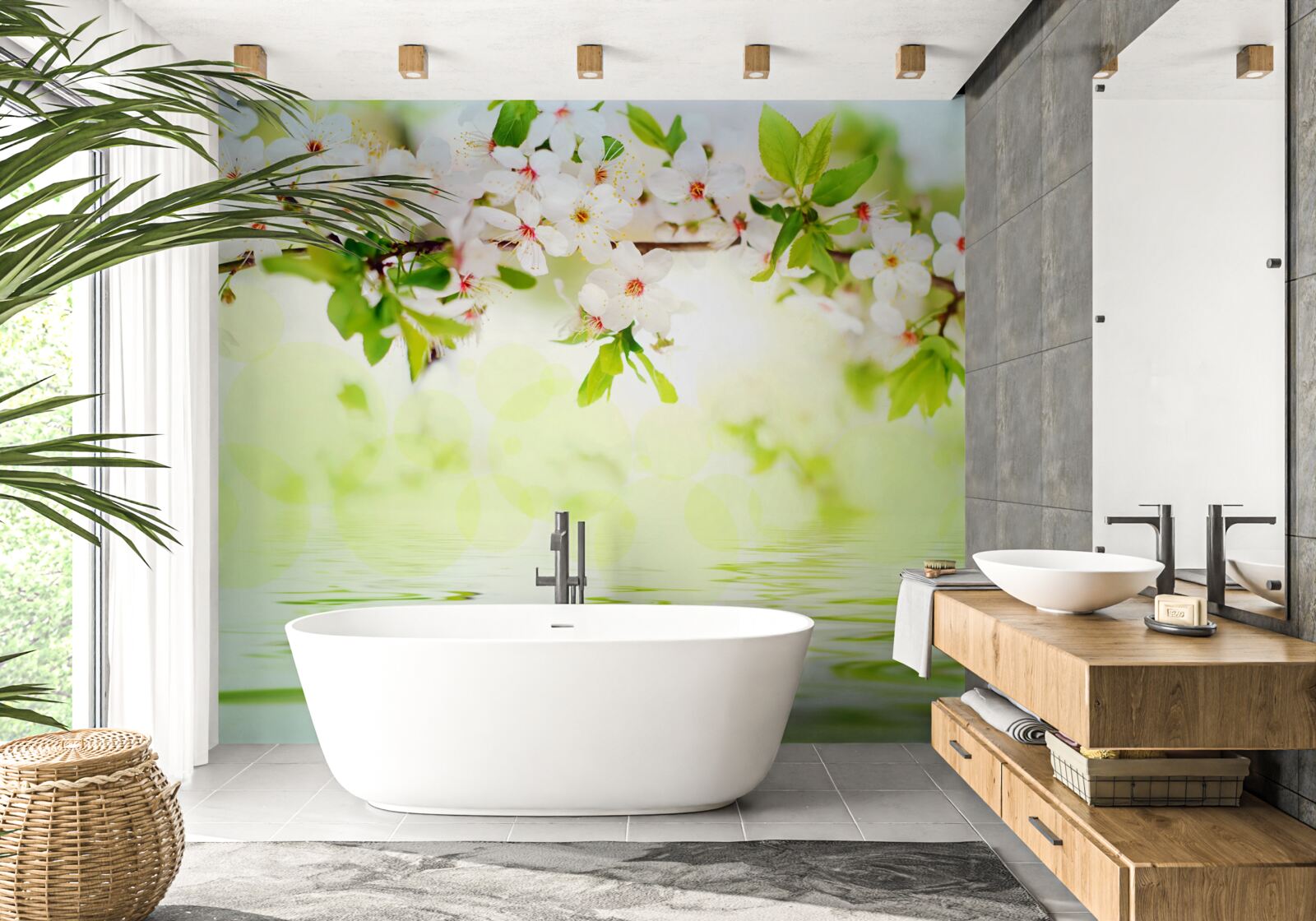 Fototapet florile de sakura sunt albe peste apa caldă de vară