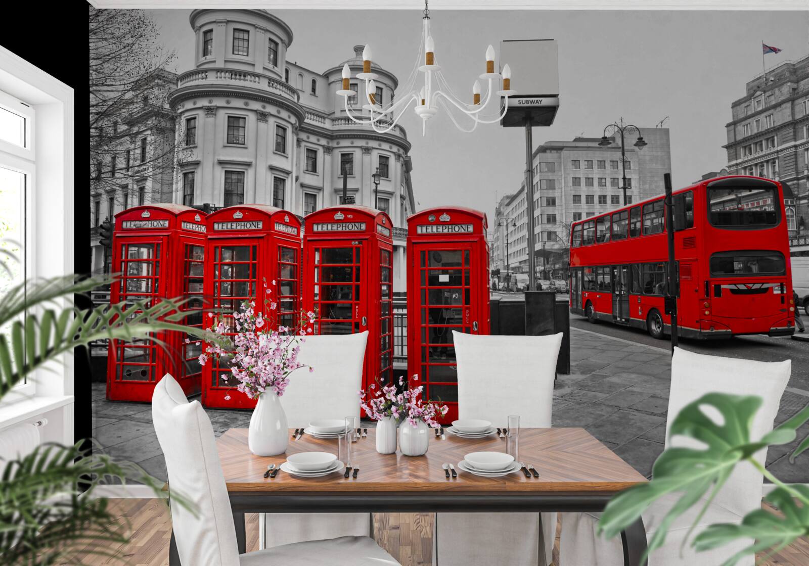 Fototapet în orașul gri există autobuze roșii și cabine telefonice