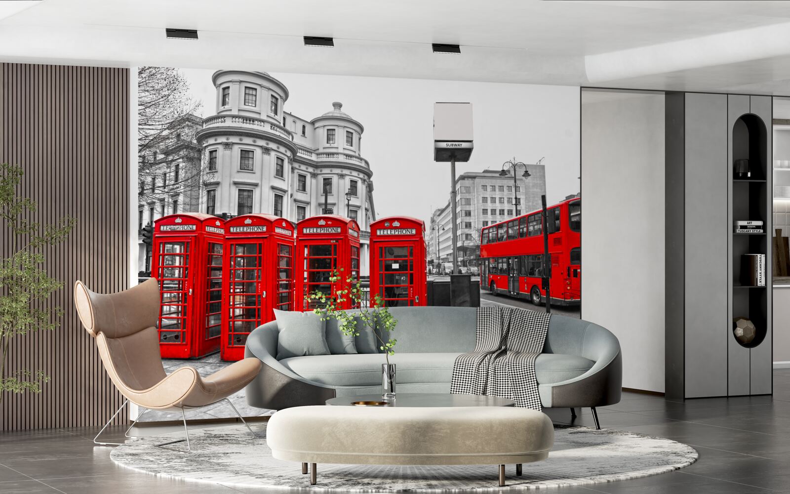 Fototapet în orașul gri există autobuze roșii și cabine telefonice