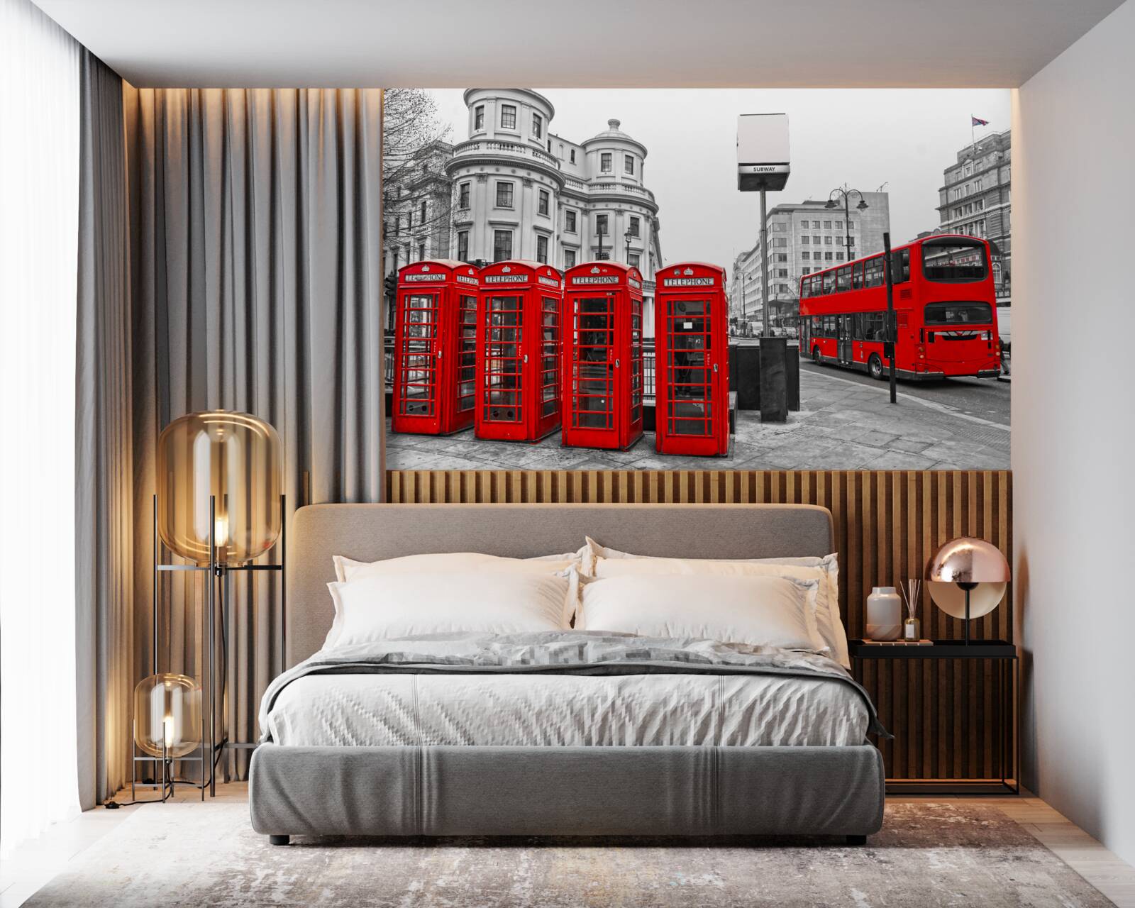 Fototapet în orașul gri există autobuze roșii și cabine telefonice