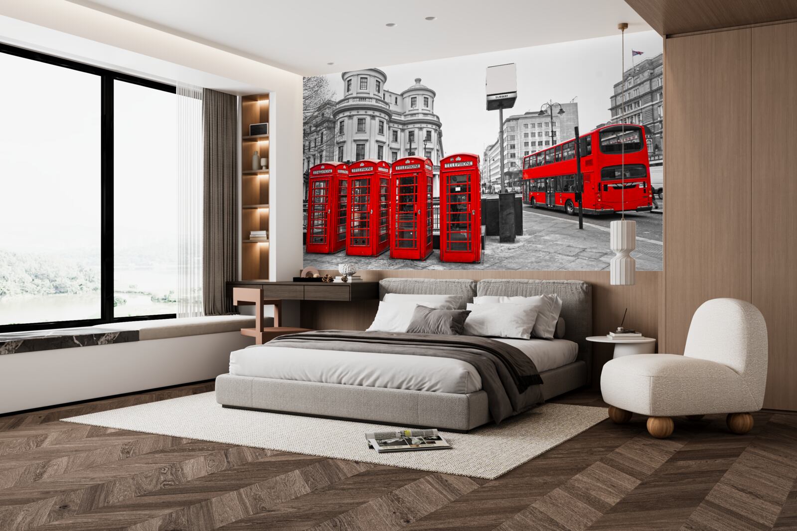 Fototapet în orașul gri există autobuze roșii și cabine telefonice
