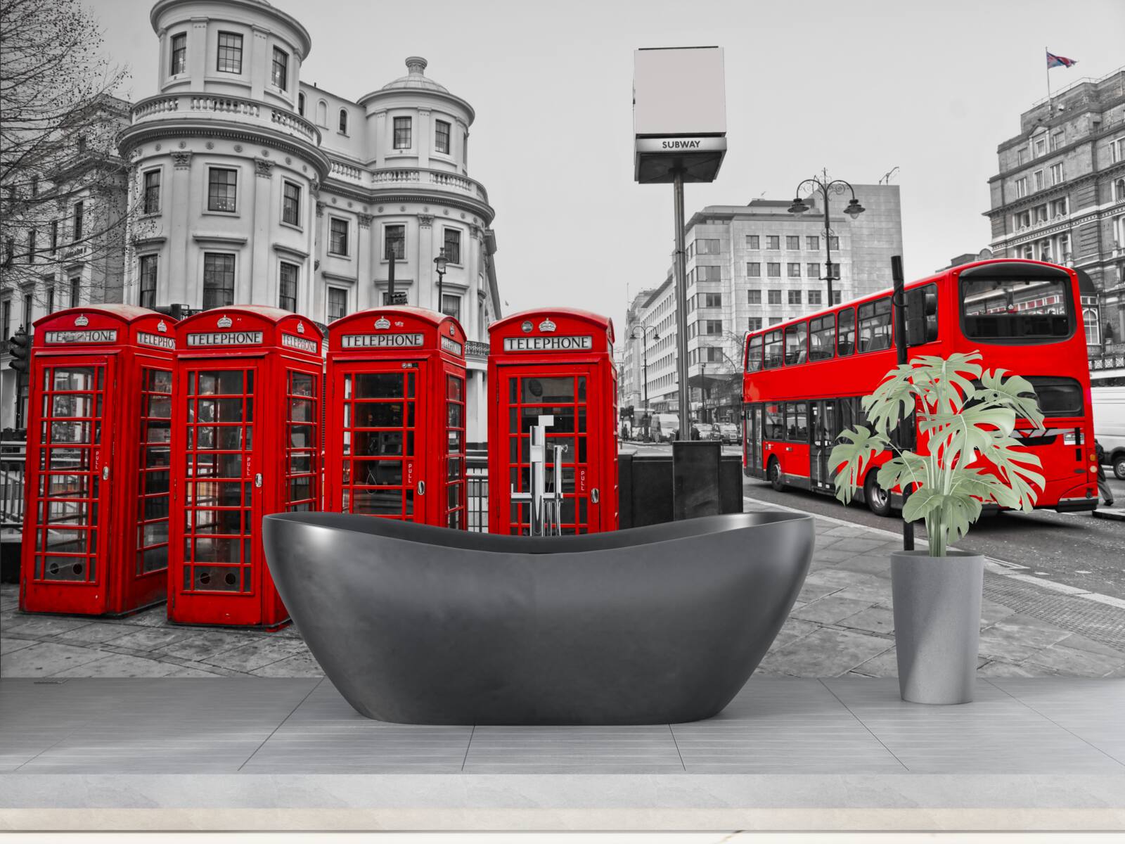 Fototapet în orașul gri există autobuze roșii și cabine telefonice