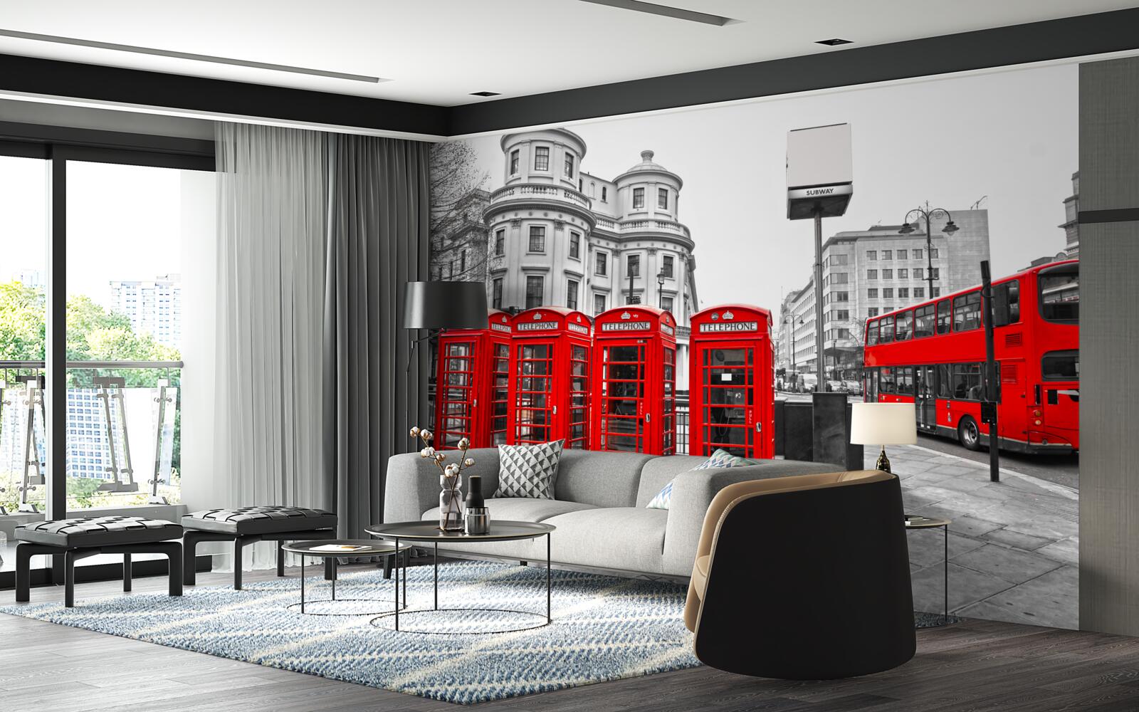 Fototapet în orașul gri există autobuze roșii și cabine telefonice