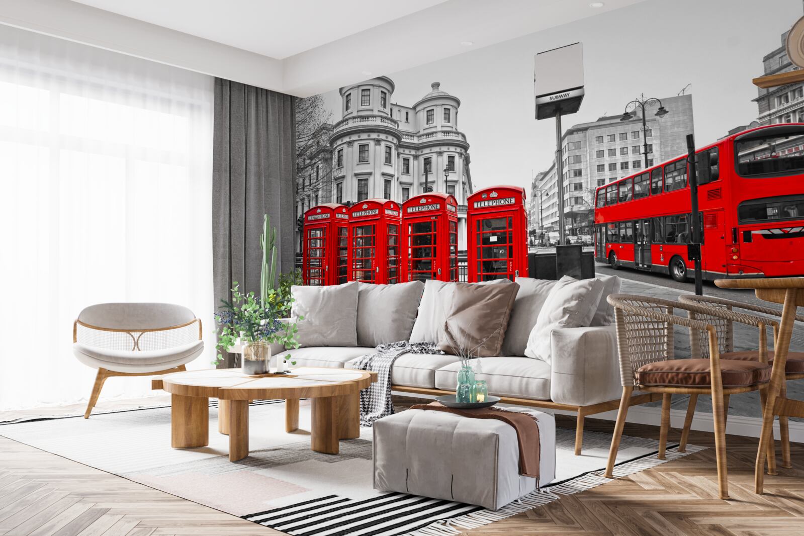 Fototapet în orașul gri există autobuze roșii și cabine telefonice