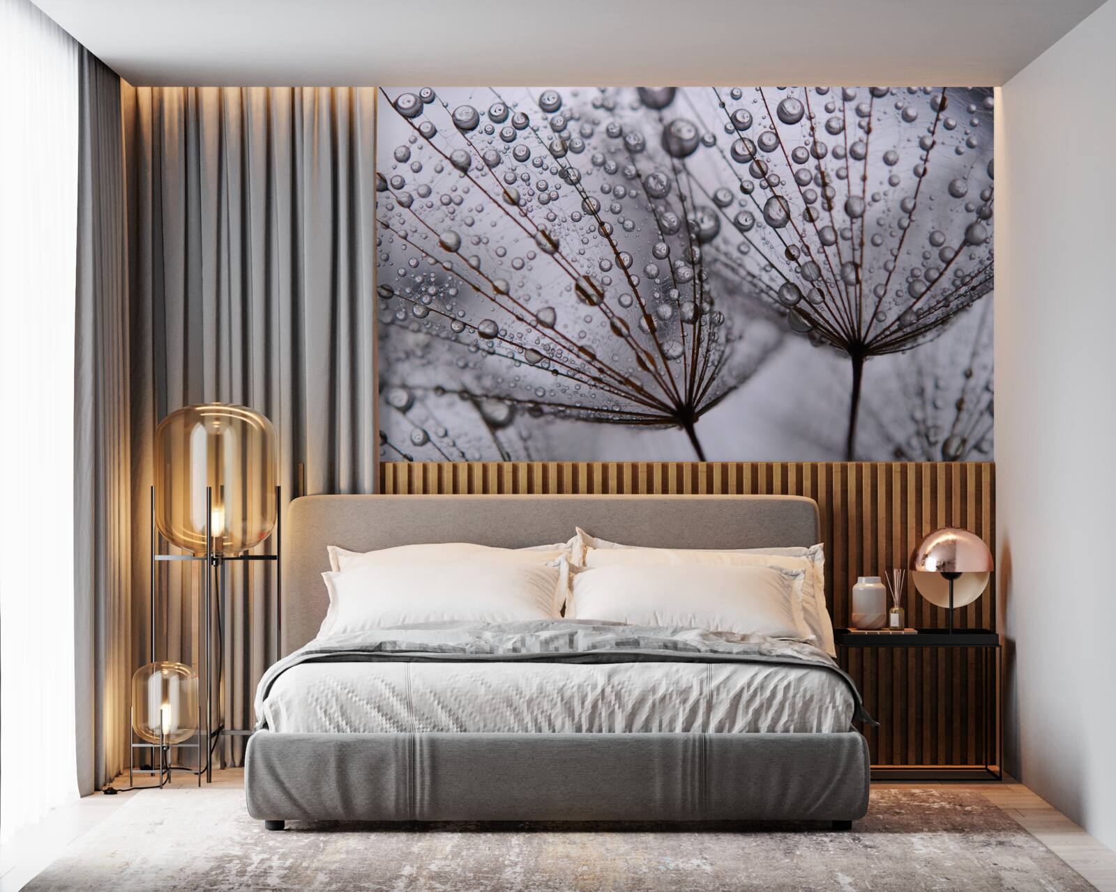 Fototapet picături de rouă lăsate pe florile de păpădie