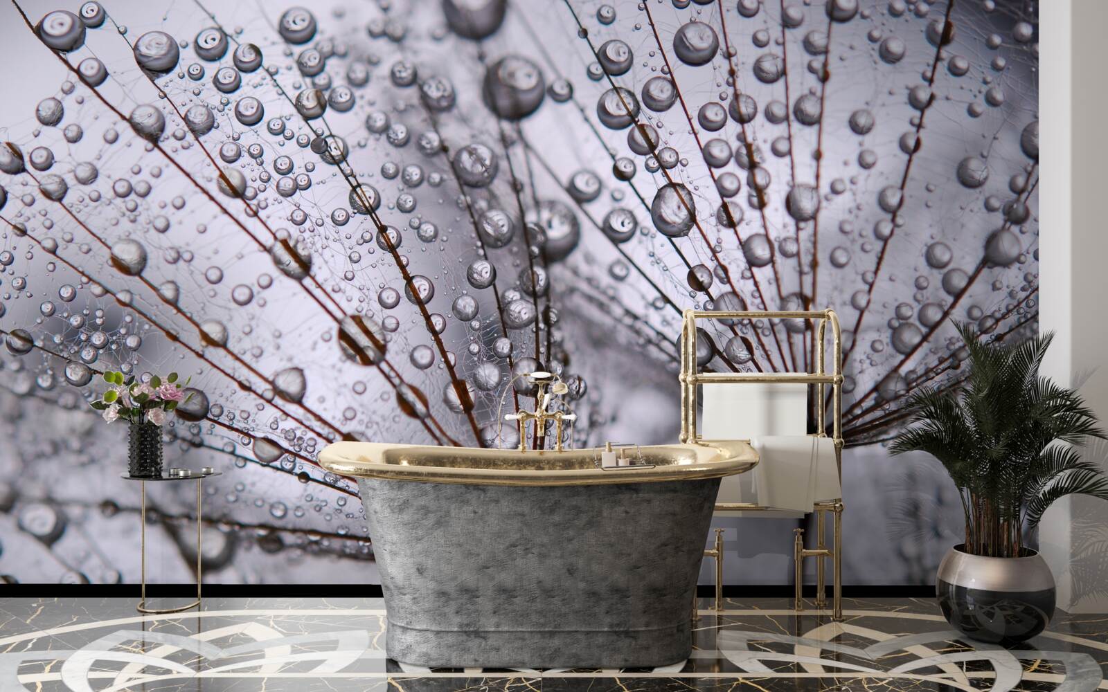 Fototapet picături de rouă lăsate pe florile de păpădie