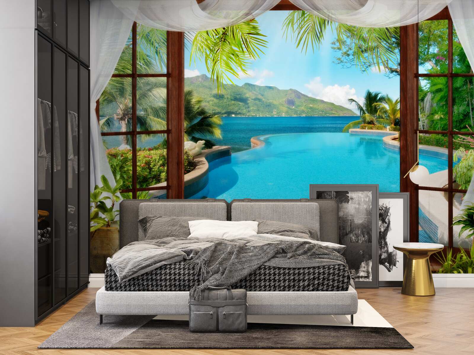 Fototapet piscină pe terasă cu vedere magnifică la munți