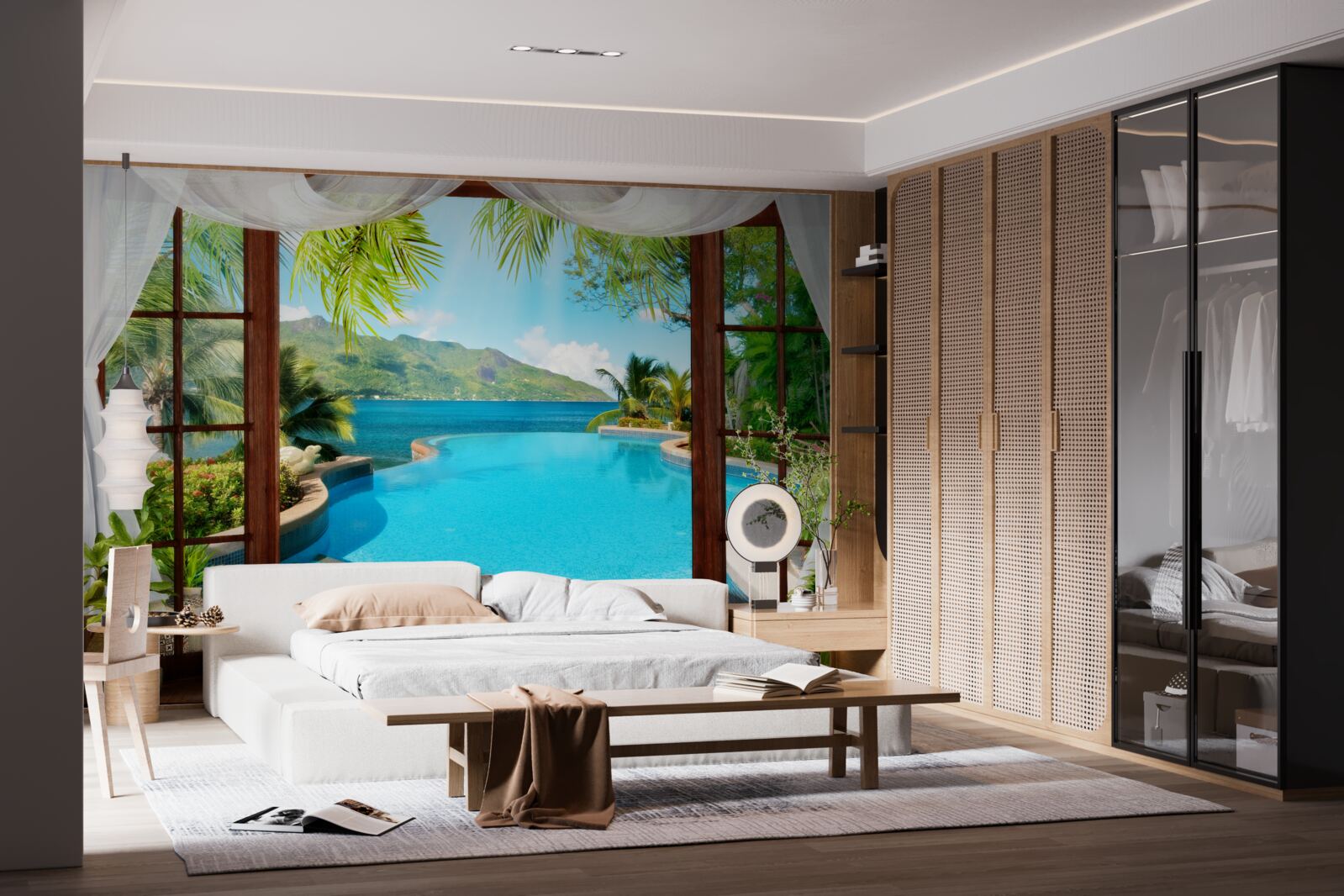 Fototapet piscină pe terasă cu vedere magnifică la munți