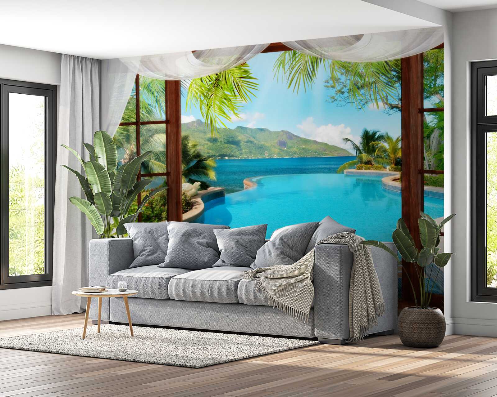 Fototapet piscină pe terasă cu vedere magnifică la munți