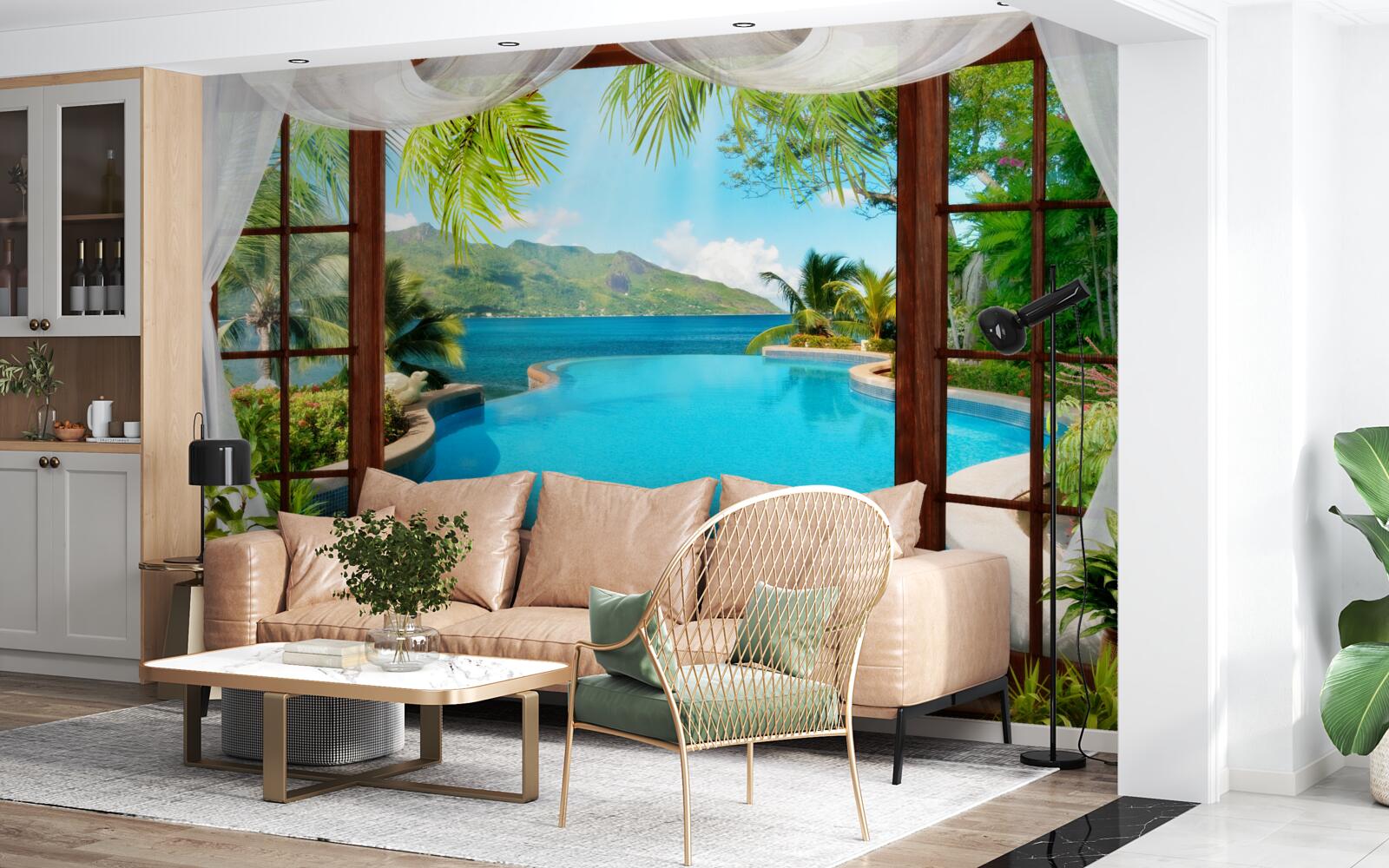 Fototapet piscină pe terasă cu vedere magnifică la munți