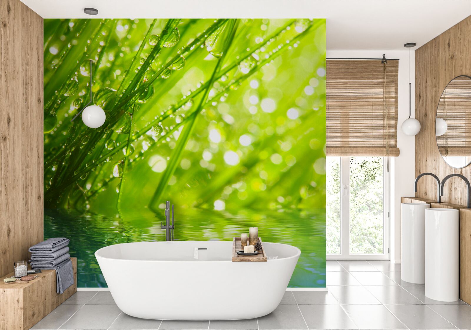 Fototapet picături mari de rouă pe ramuri în apropierea apei