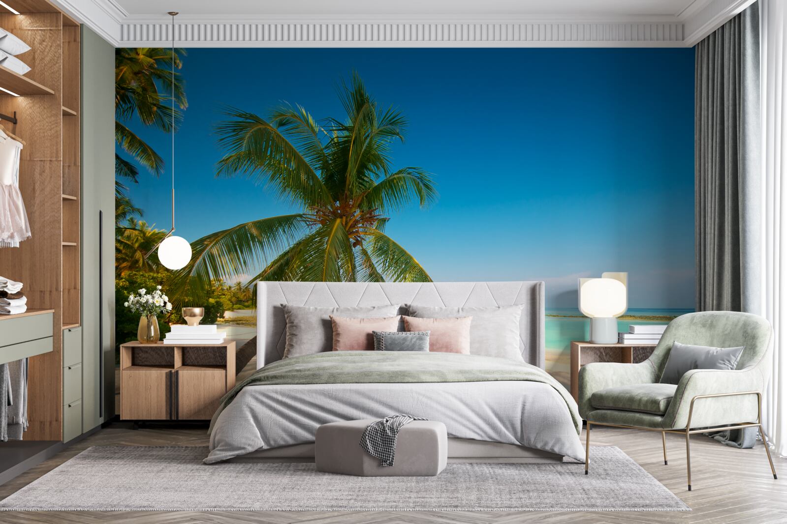 Fototapet hamac întins sub un palmier pe o coastă tropicală