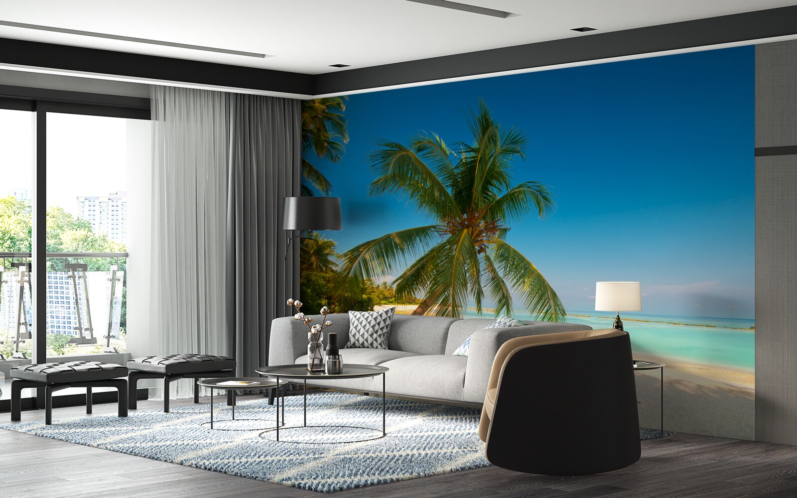 Fototapet hamac întins sub un palmier pe o coastă tropicală