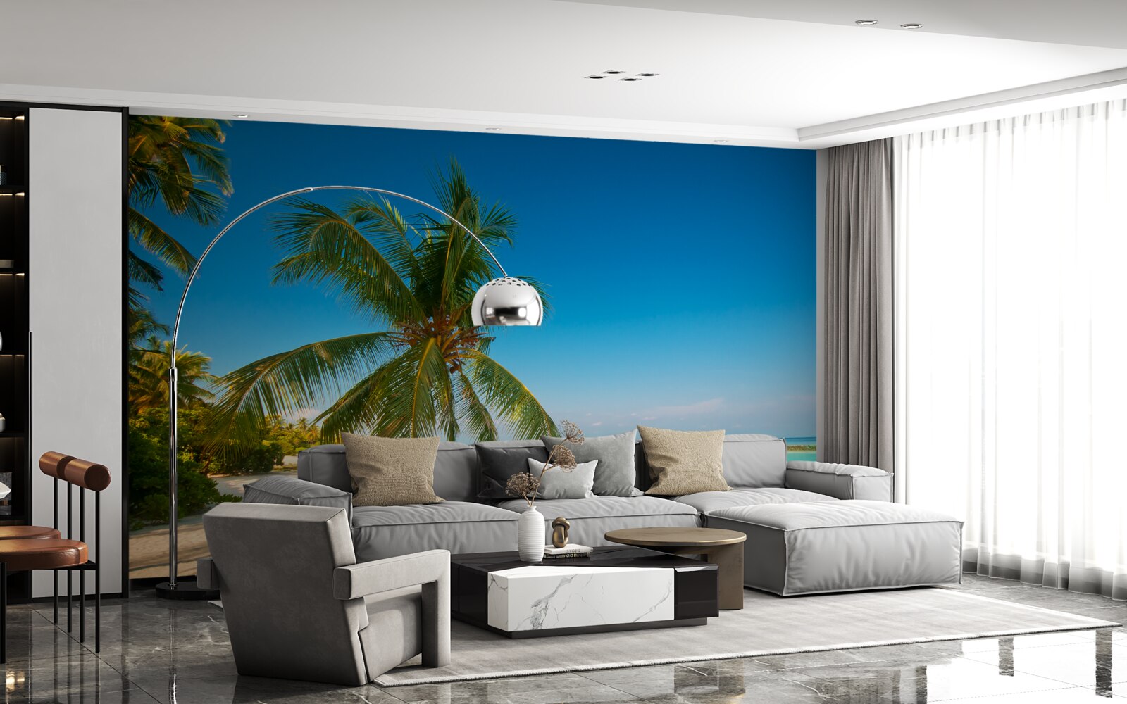 Fototapet hamac întins sub un palmier pe o coastă tropicală