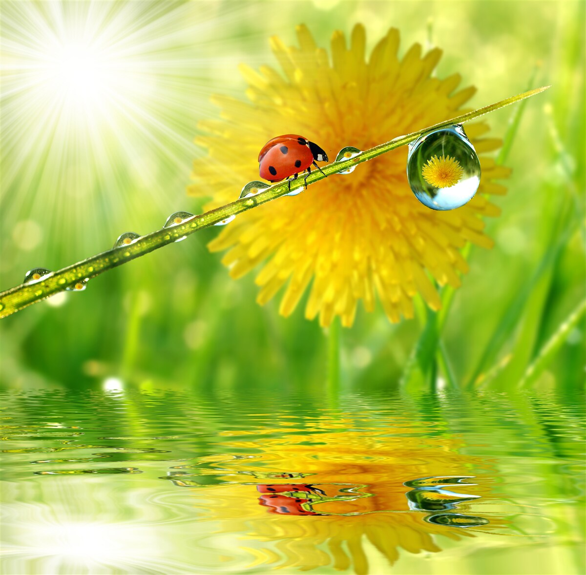 Fototapet păpădie mare în picături de ploaie lângă apă