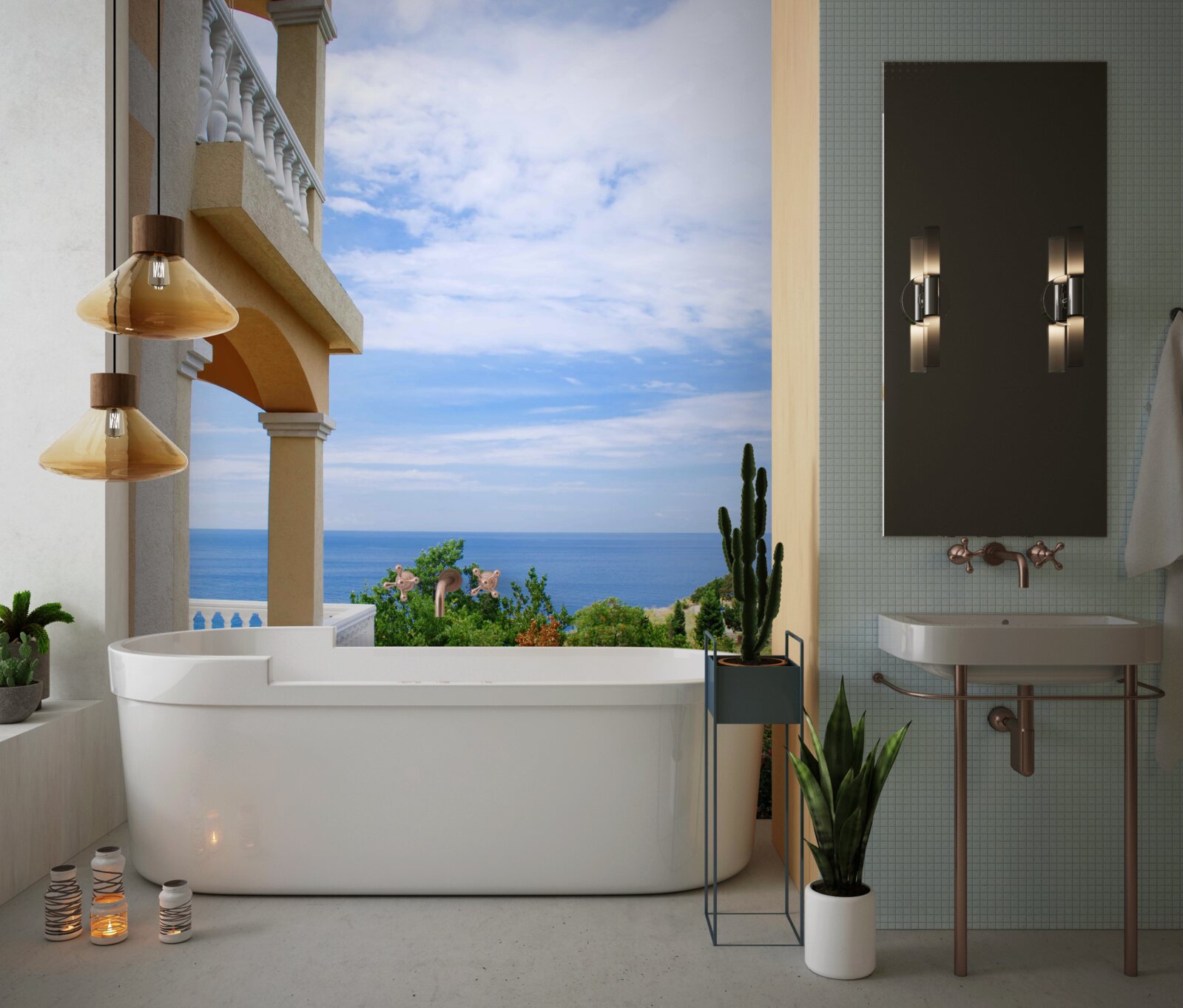 Fototapet vedere panoramică a oceanului nemărginit de pe puntea de observație a casei