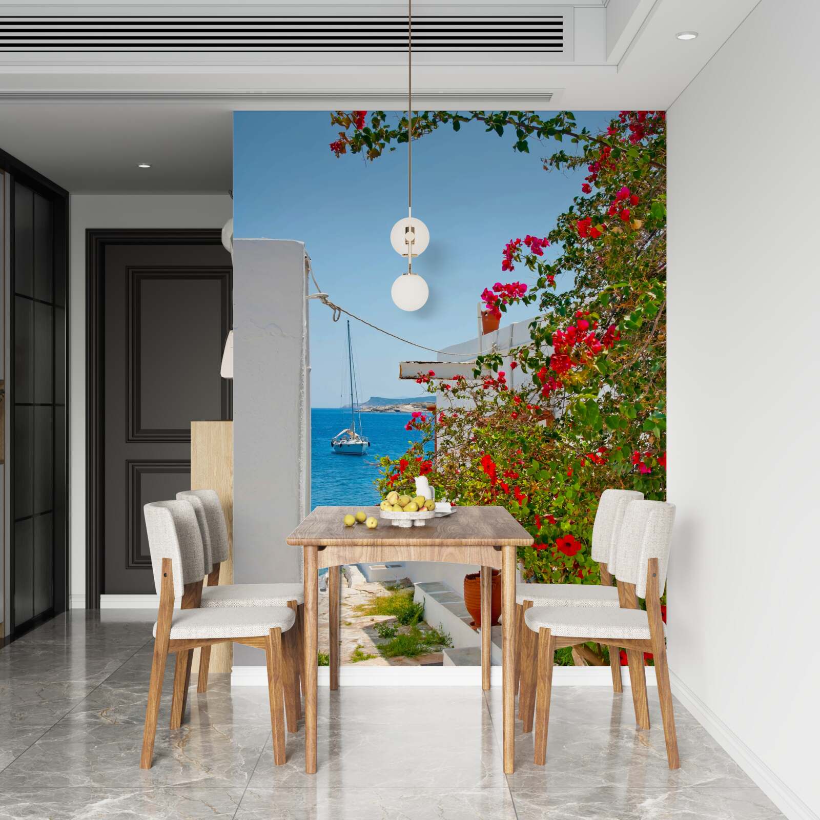 Fototapet culoarea rodiilor roșii strălucește prin pereții caselor albe