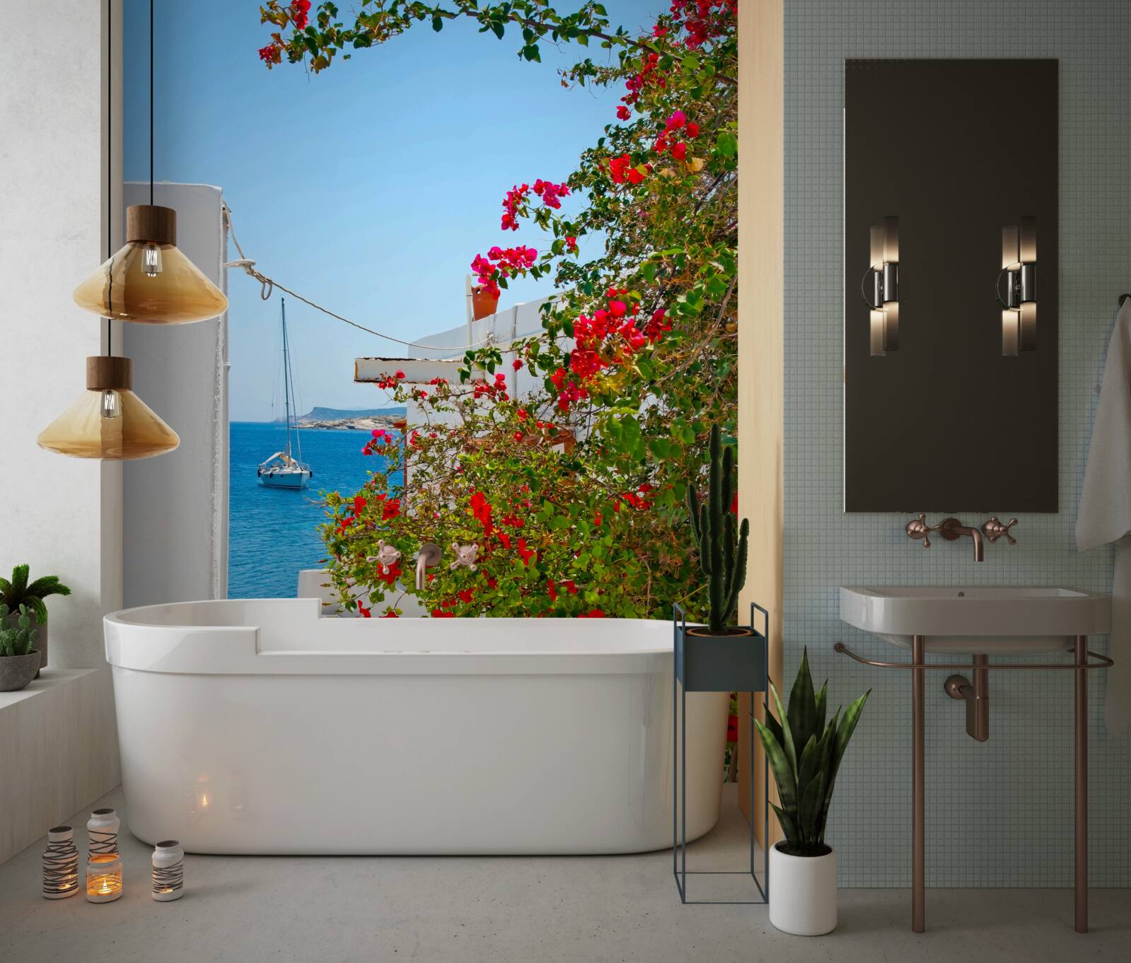 Fototapet culoarea rodiilor roșii strălucește prin pereții caselor albe