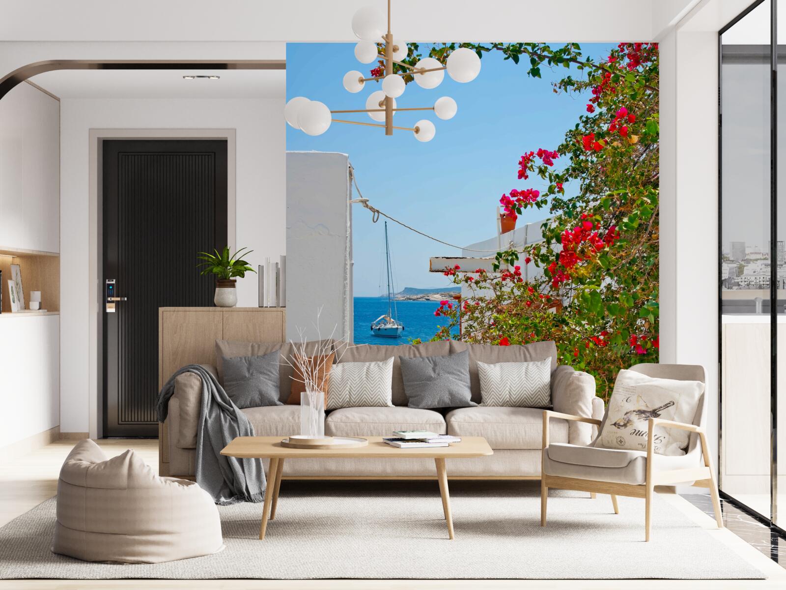 Fototapet culoarea rodiilor roșii strălucește prin pereții caselor albe