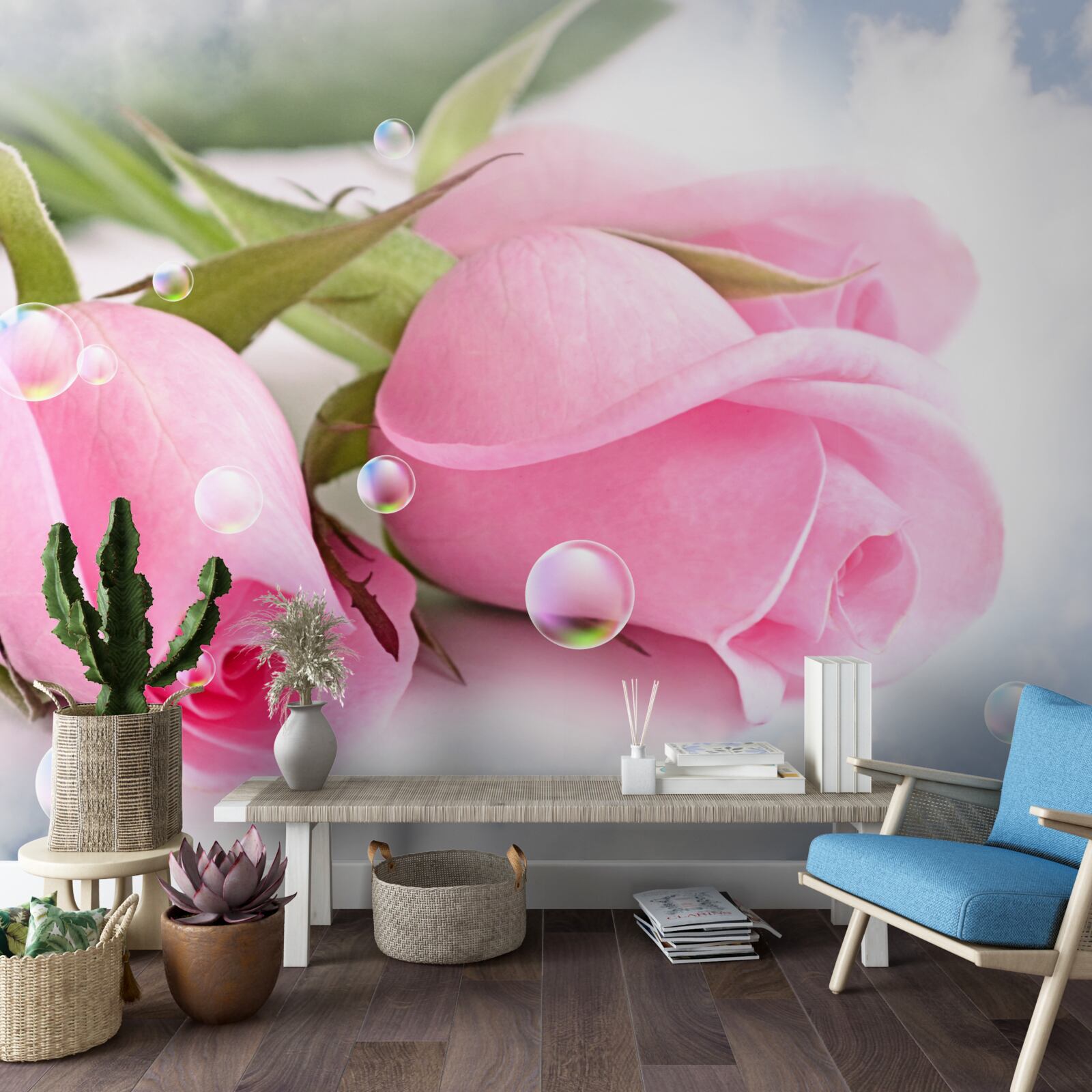 Fototapet trandafiri roz cu picături de rouă pe un fundal de mătase