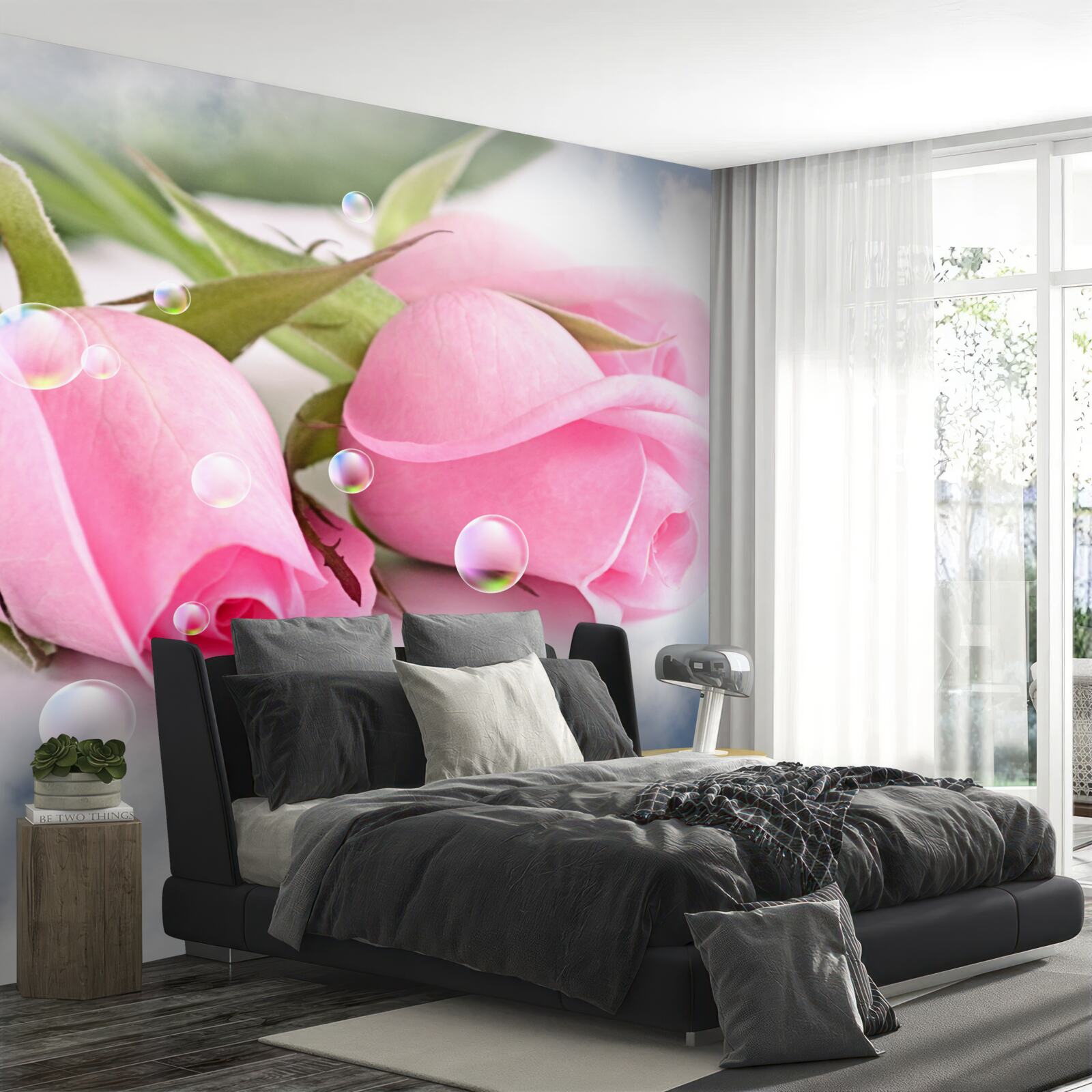 Fototapet trandafiri roz cu picături de rouă pe un fundal de mătase