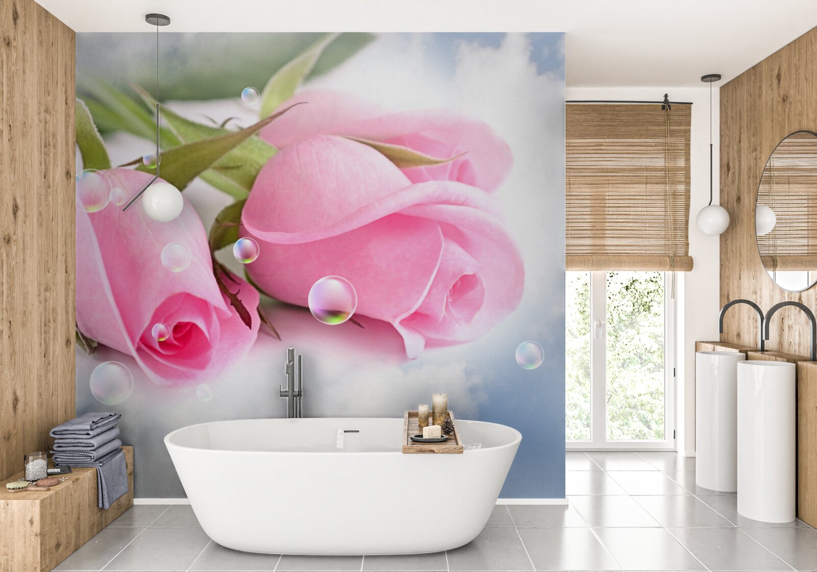 Fototapet trandafiri roz cu picături de rouă pe un fundal de mătase