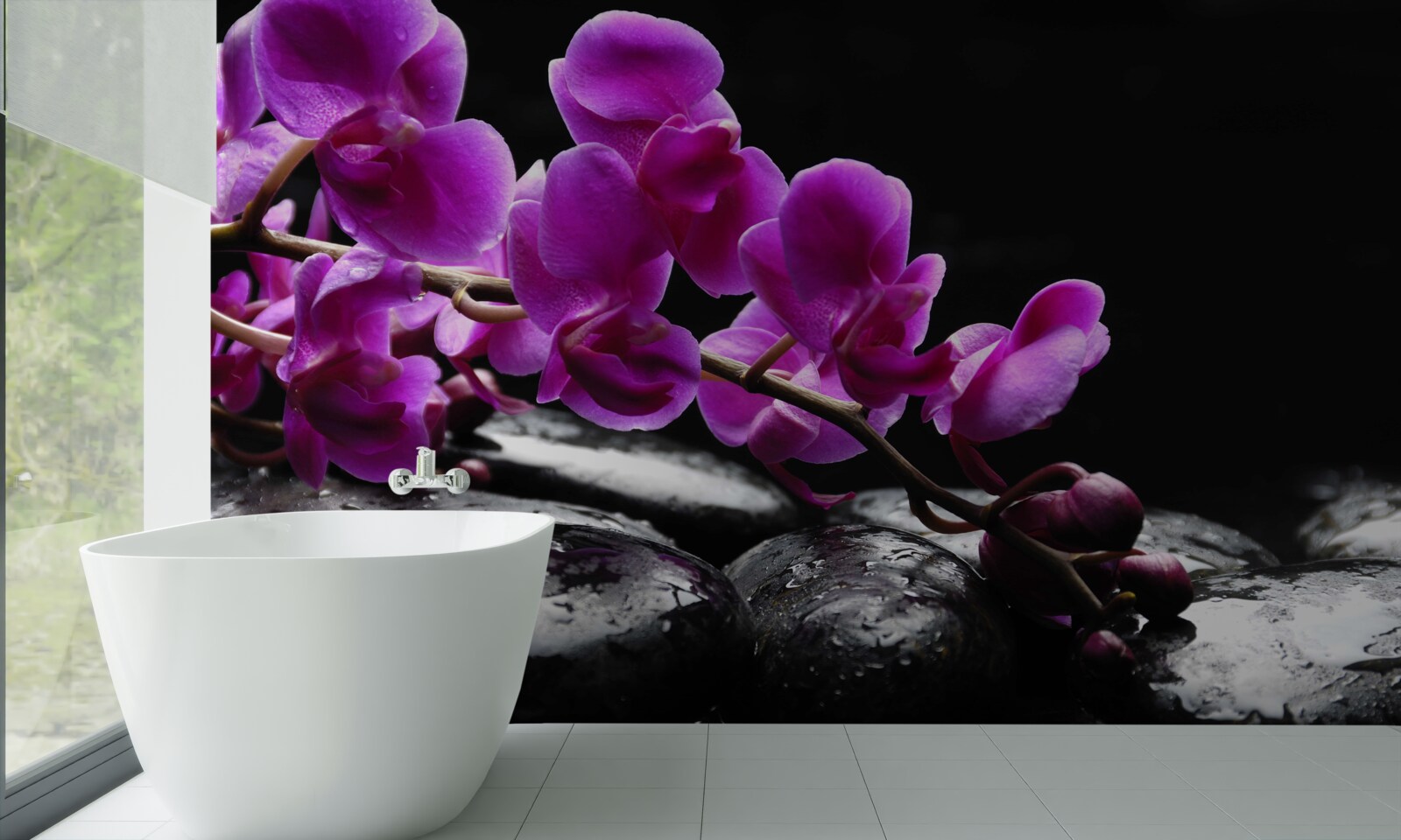 Fototapet piatră neagră cu ramură de orhidee mov