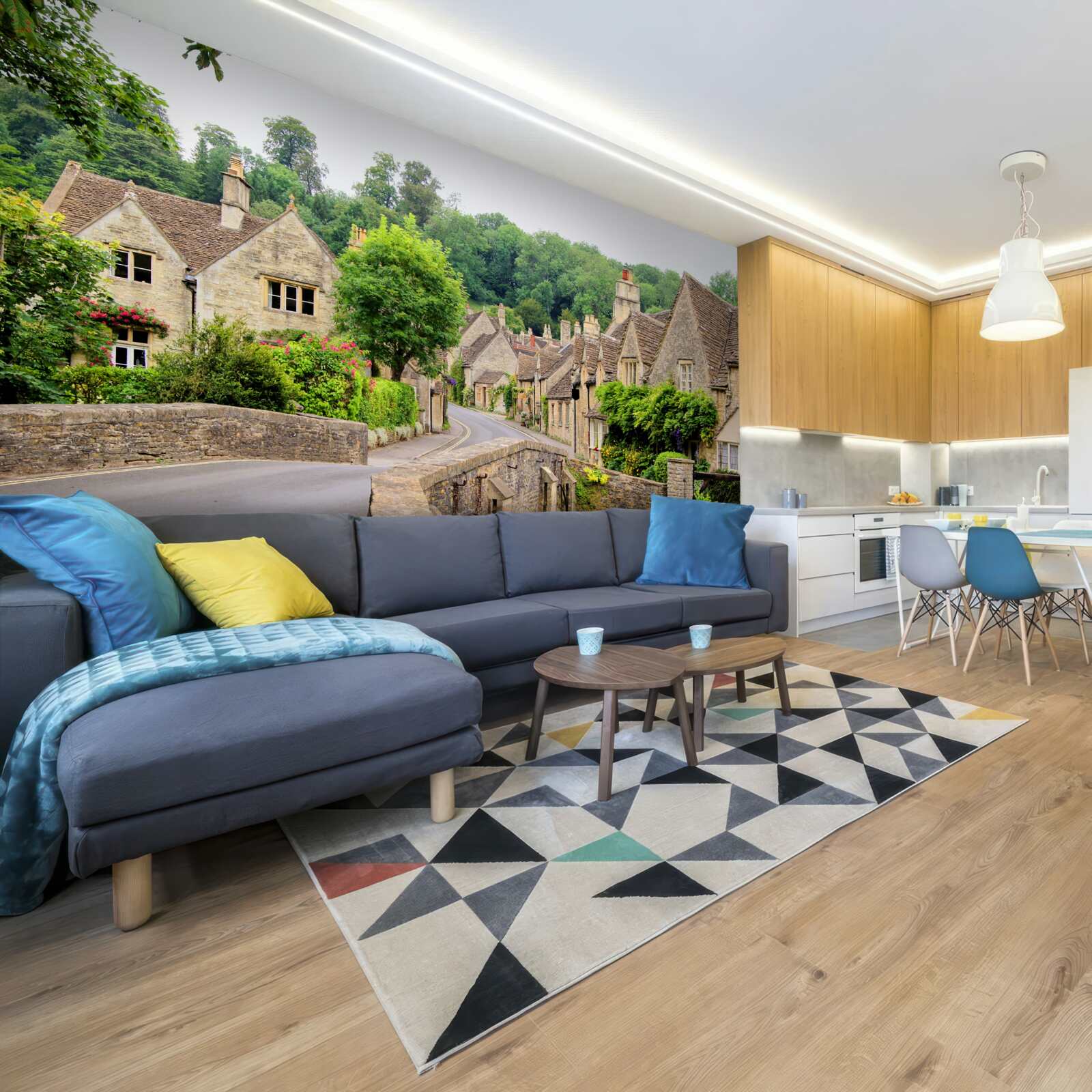 Fototapet clădiri antice cu acoperire de mușchi verde și pod