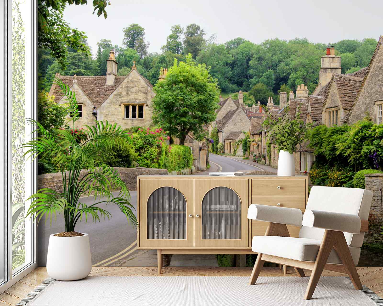 Fototapet clădiri antice cu acoperire de mușchi verde și pod