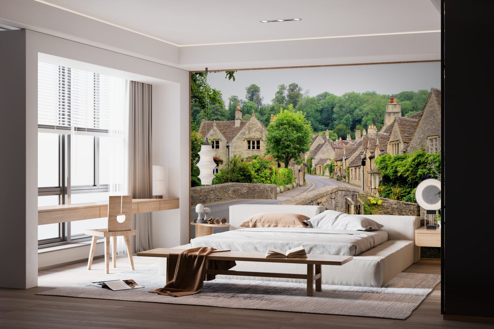 Fototapet clădiri antice cu acoperire de mușchi verde și pod